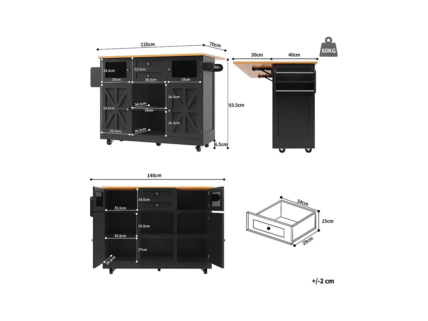 Îlot central à roulettes - 140 x 40 x 93.5 cm - avec plan de travail + 2 portes + 2 tiroirs -MDF - noir
