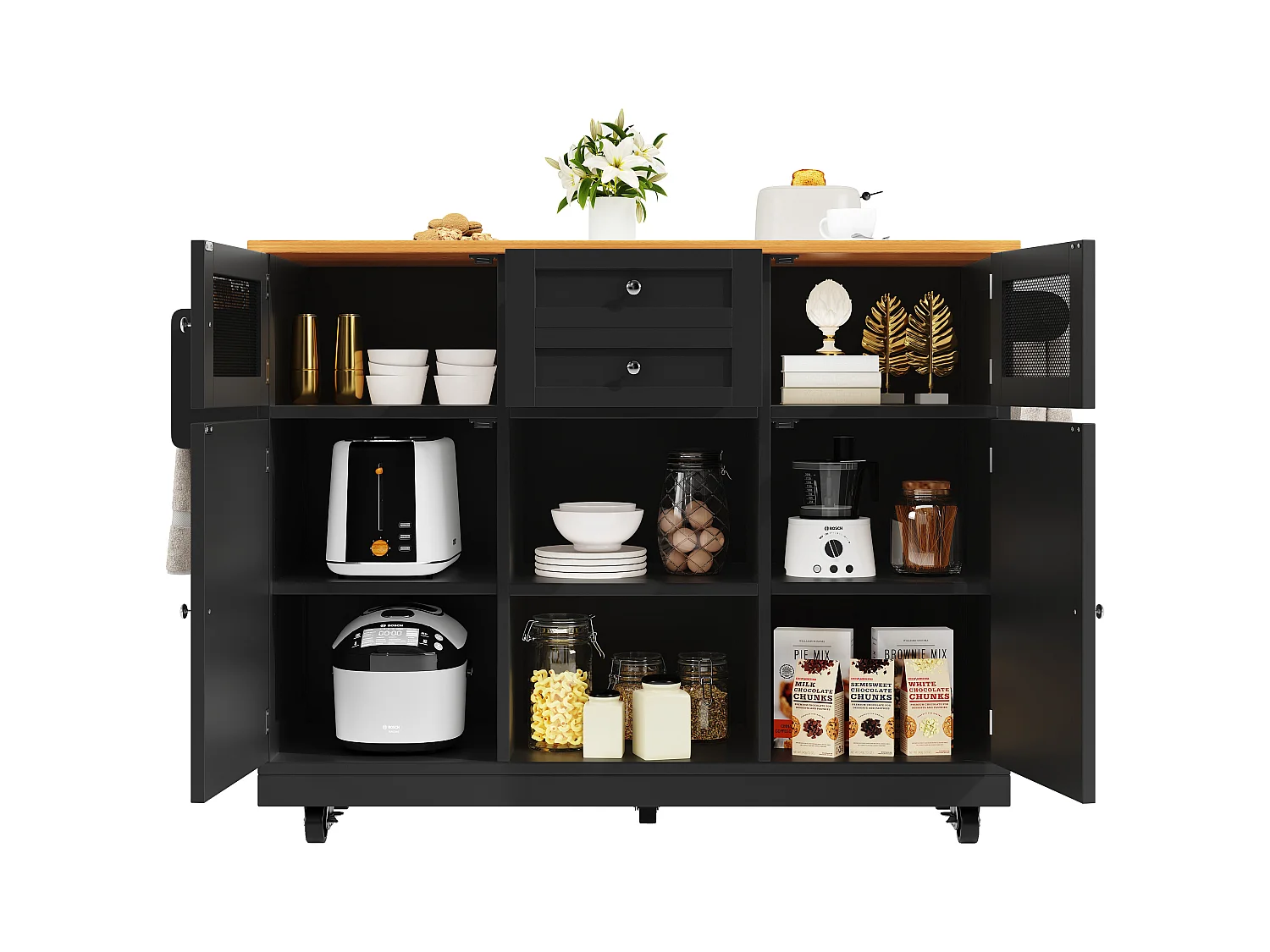 Îlot central à roulettes - 140 x 40 x 93.5 cm - avec plan de travail + 2 portes + 2 tiroirs -MDF - noir