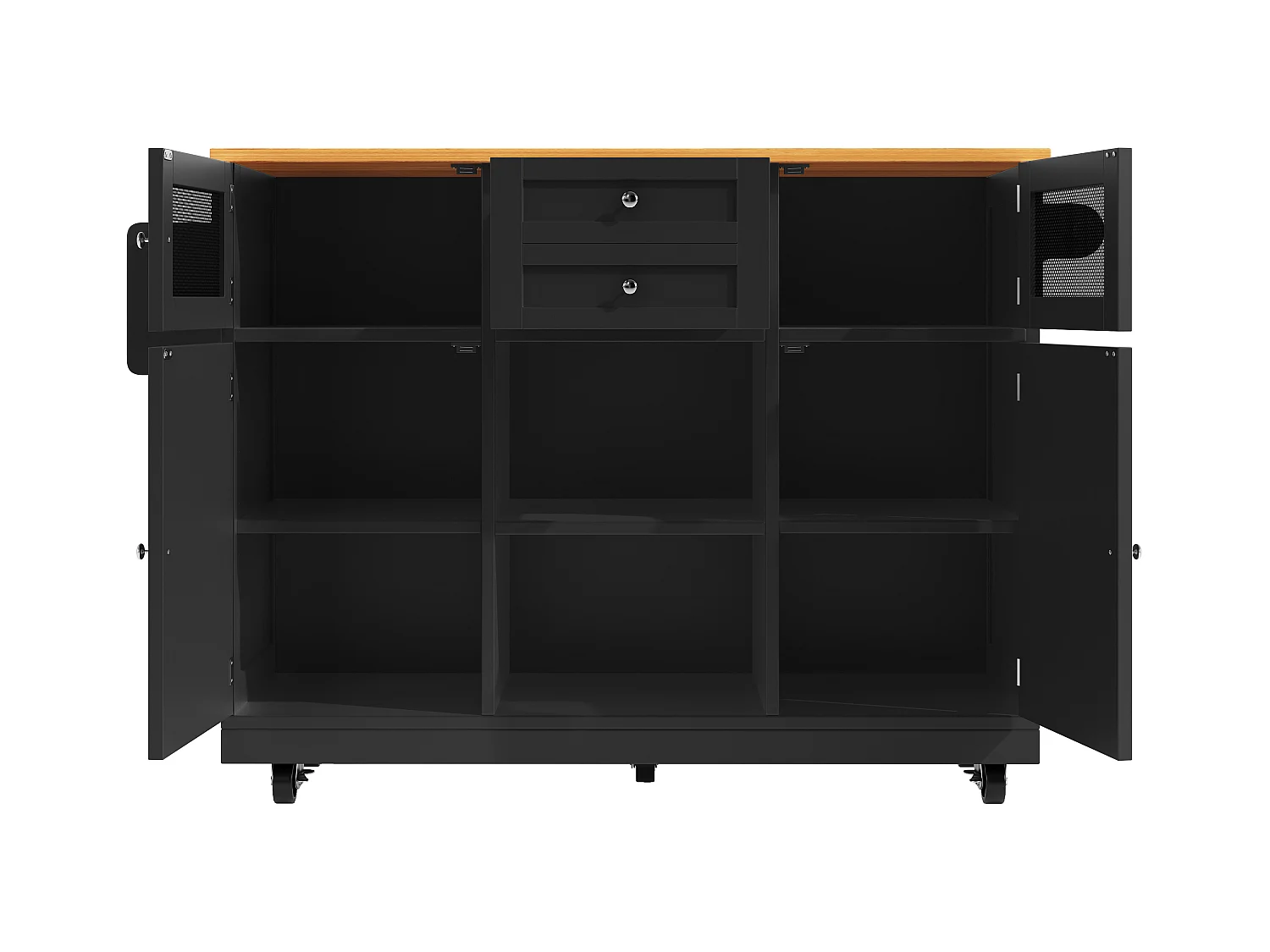 Îlot central à roulettes - 140 x 40 x 93.5 cm - avec plan de travail + 2 portes + 2 tiroirs -MDF - noir