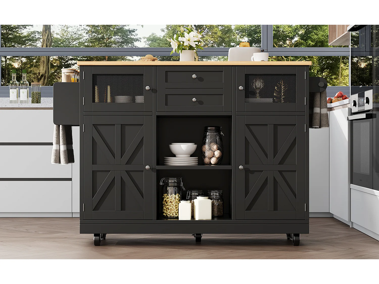 Îlot central à roulettes - 140 x 40 x 93.5 cm - avec plan de travail + 2 portes + 2 tiroirs -MDF - noir