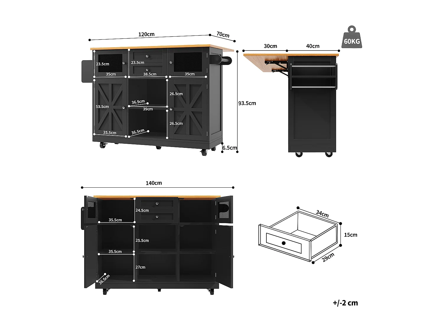 Îlot central à roulettes - 140 x 40 x 93.5 cm - avec plan de travail + 2 portes + 2 tiroirs -MDF - noir