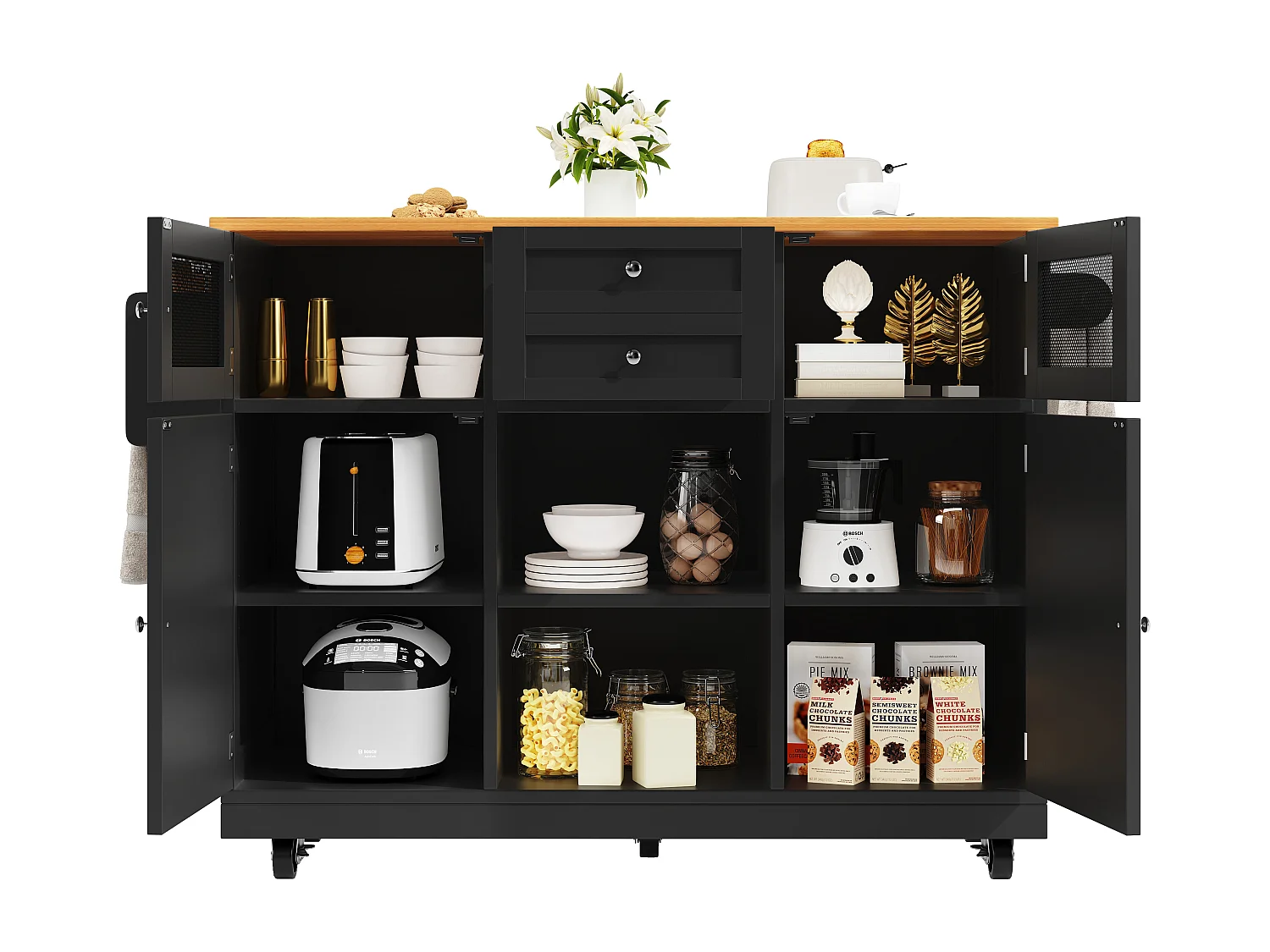 Îlot central à roulettes - 140 x 40 x 93.5 cm - avec plan de travail + 2 portes + 2 tiroirs -MDF - noir