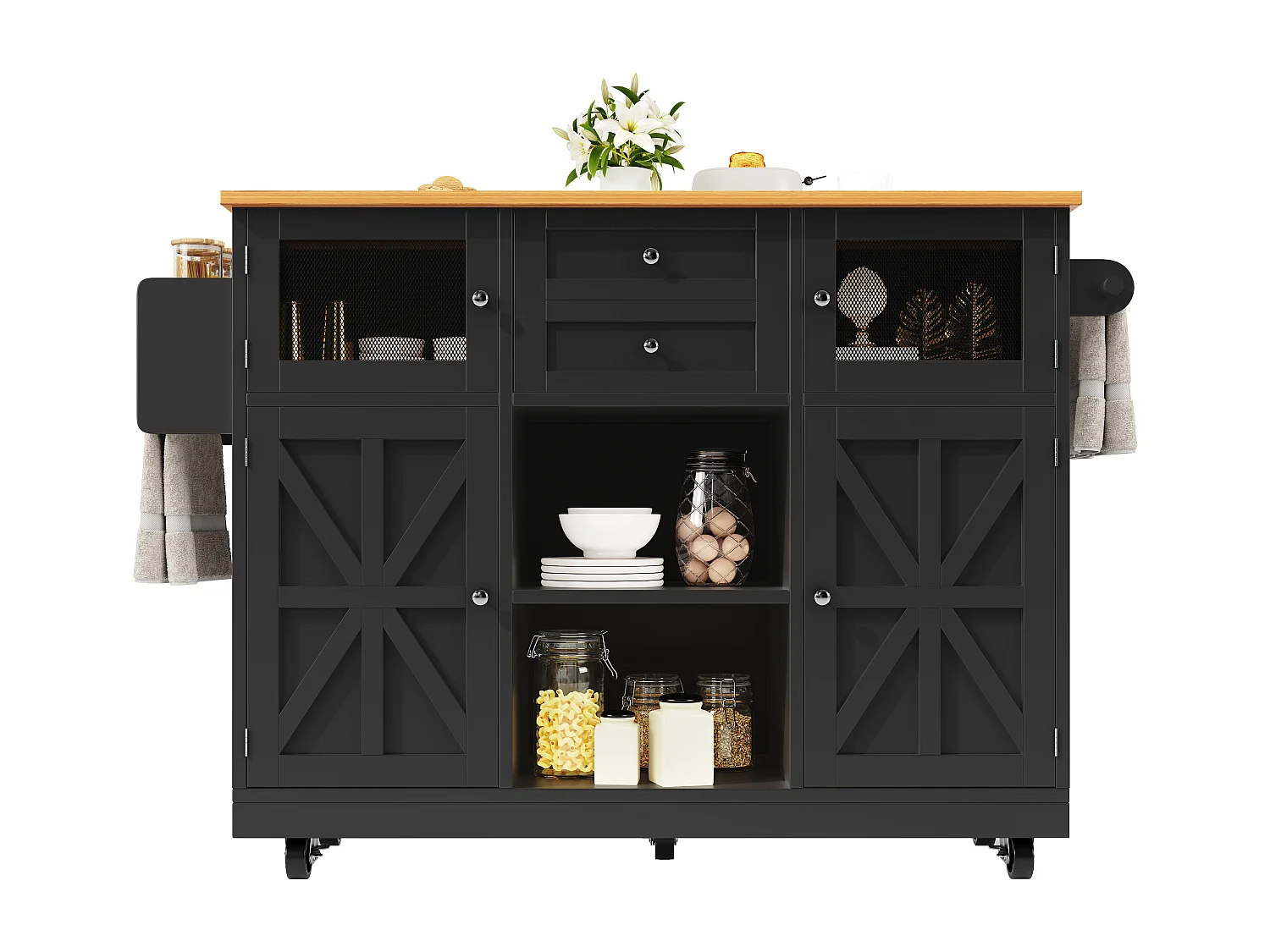 Îlot central à roulettes - 140 x 40 x 93.5 cm - avec plan de travail + 2 portes + 2 tiroirs -MDF - noir