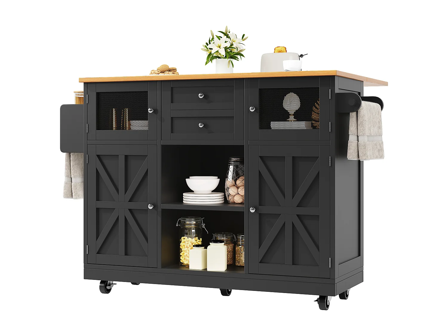 Îlot central à roulettes - 140 x 40 x 93.5 cm - avec plan de travail + 2 portes + 2 tiroirs -MDF - noir