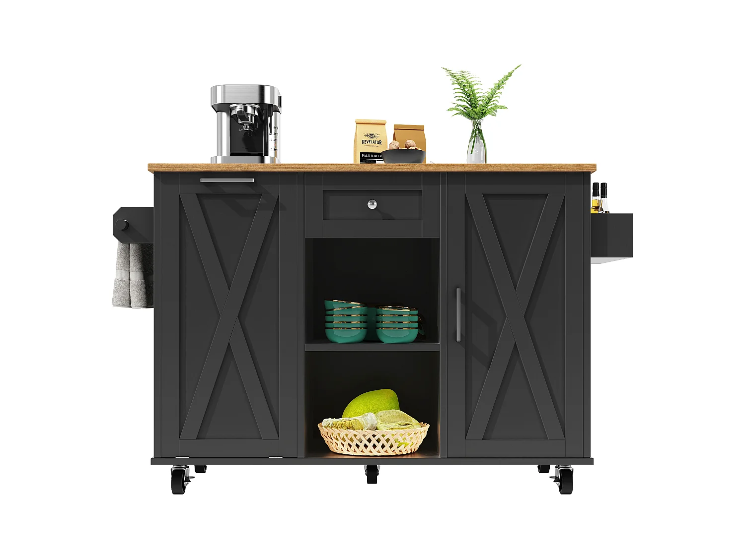 Îlot central moderne - 142 x 63 x 87 cm - avec roulettes + armoires extensible + 1 tiroir - MDF - noir