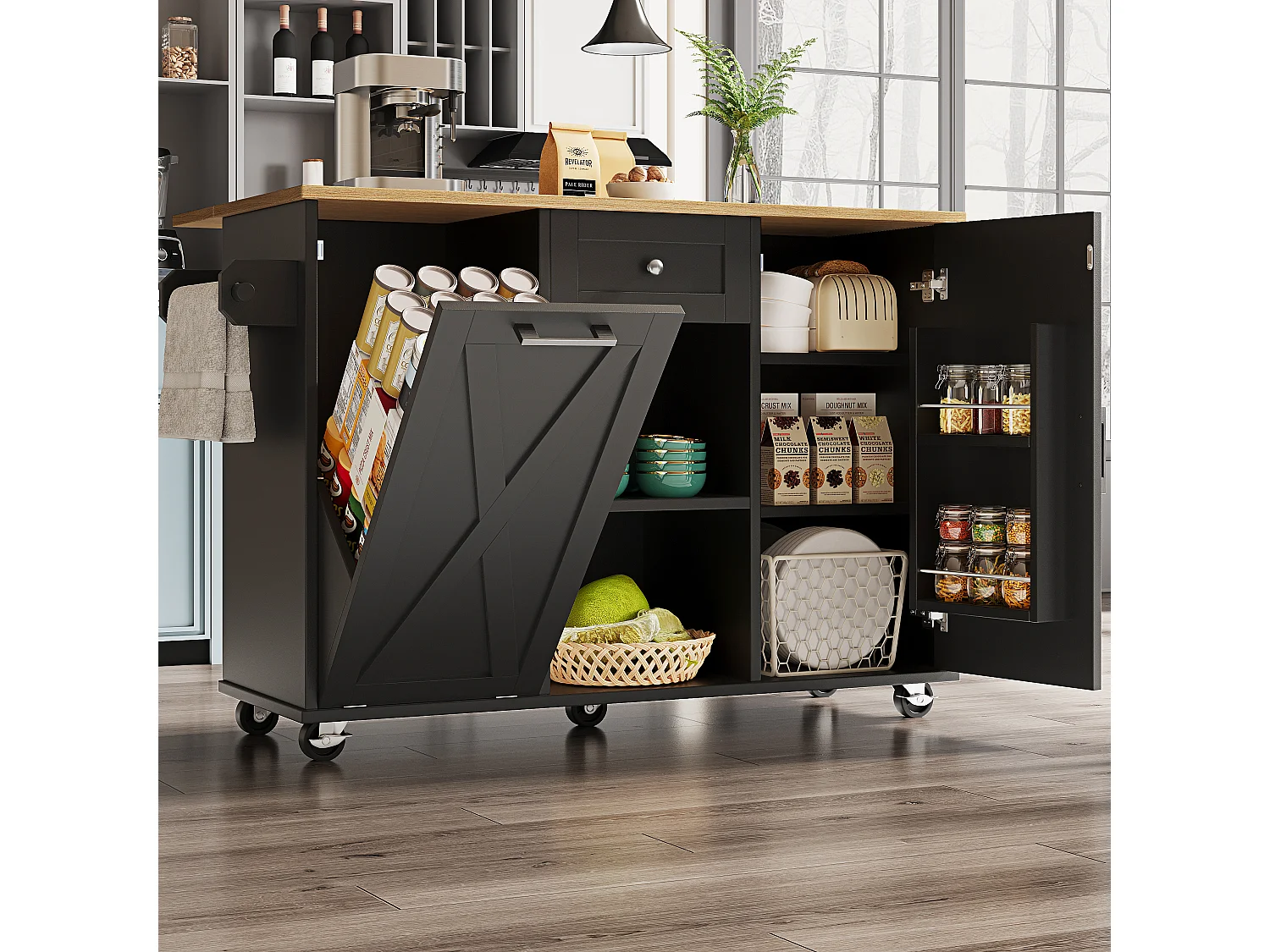 Moderne Kücheninsel - 142 x 63 x 87 cm - mit Rollen + ausziehbaren Schränken + 1 Schublade - MDF - schwarz