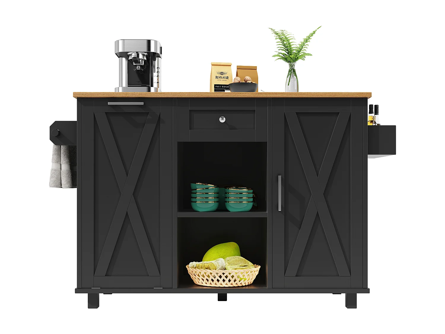 Moderne Kücheninsel - 142 x 63 x 87 cm - mit Rollen + ausziehbaren Schränken + 1 Schublade - MDF - schwarz