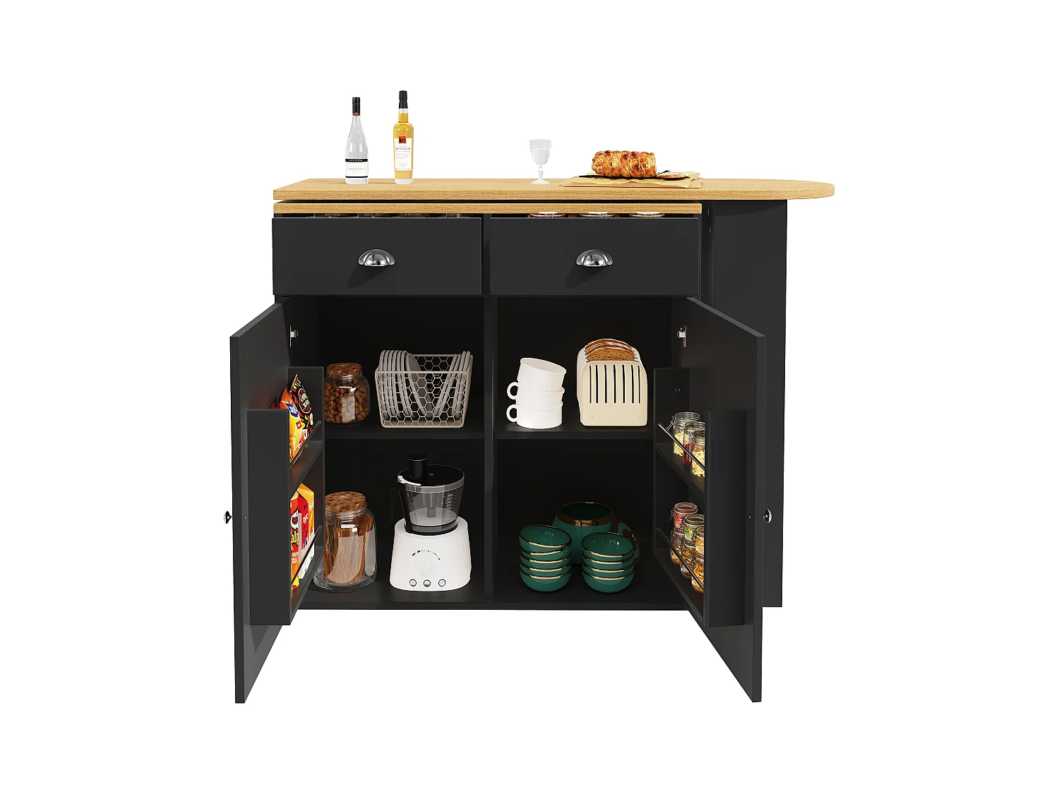 Meuble de bar rotative - 138 x 39 x 105 cm - 2 portes + 2 tiroirs - MDF - noir