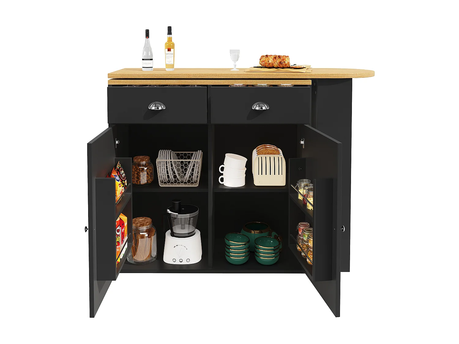 Meuble de bar rotative - 138 x 39 x 105 cm - 2 portes + 2 tiroirs - MDF - noir