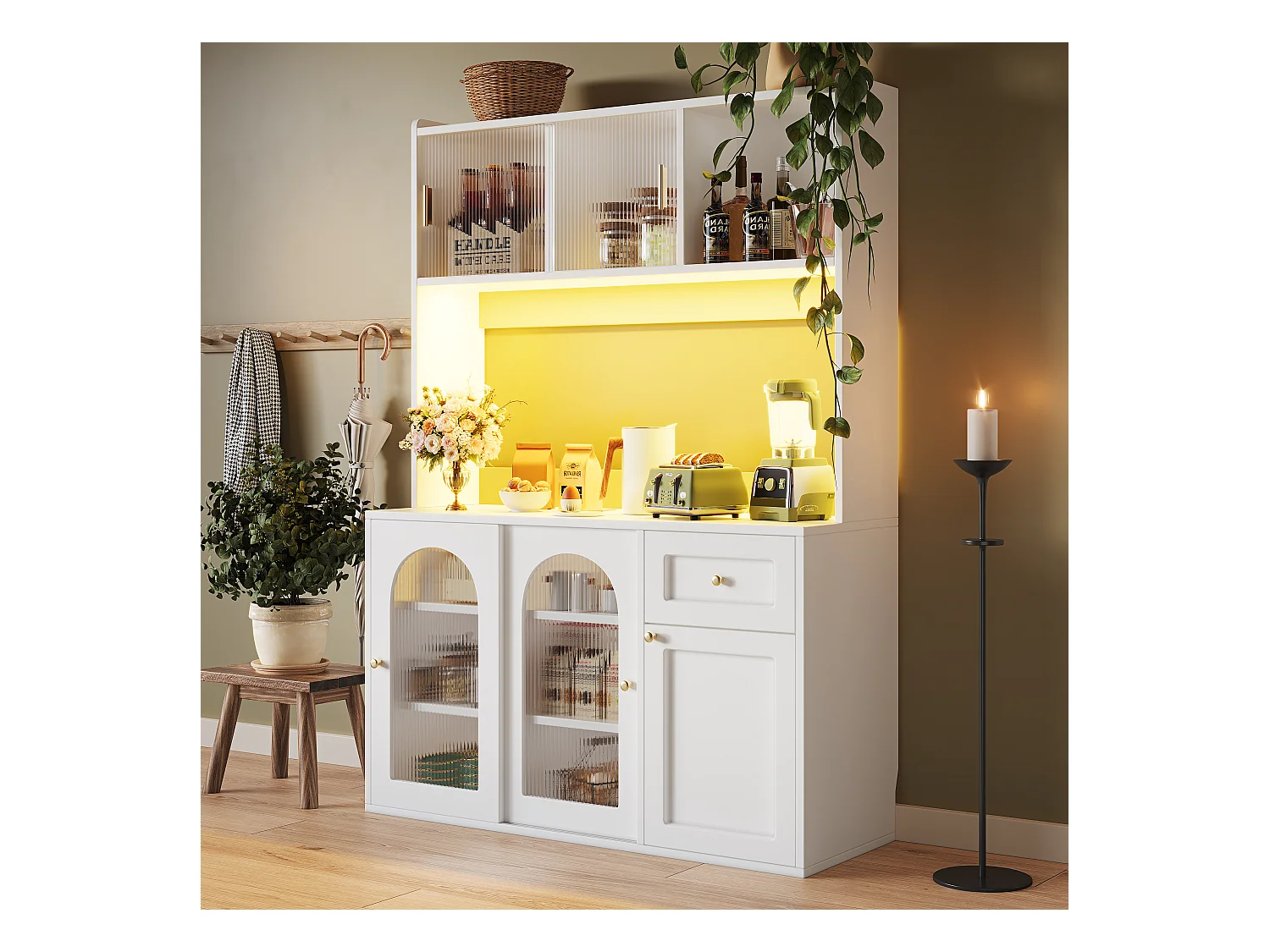 Buffet cuisine haut - 120 x 35 x 167 cm -  avec étagères réglables + 3 portes + 1 tiroirs + Leds -  MDF + PB - blanc