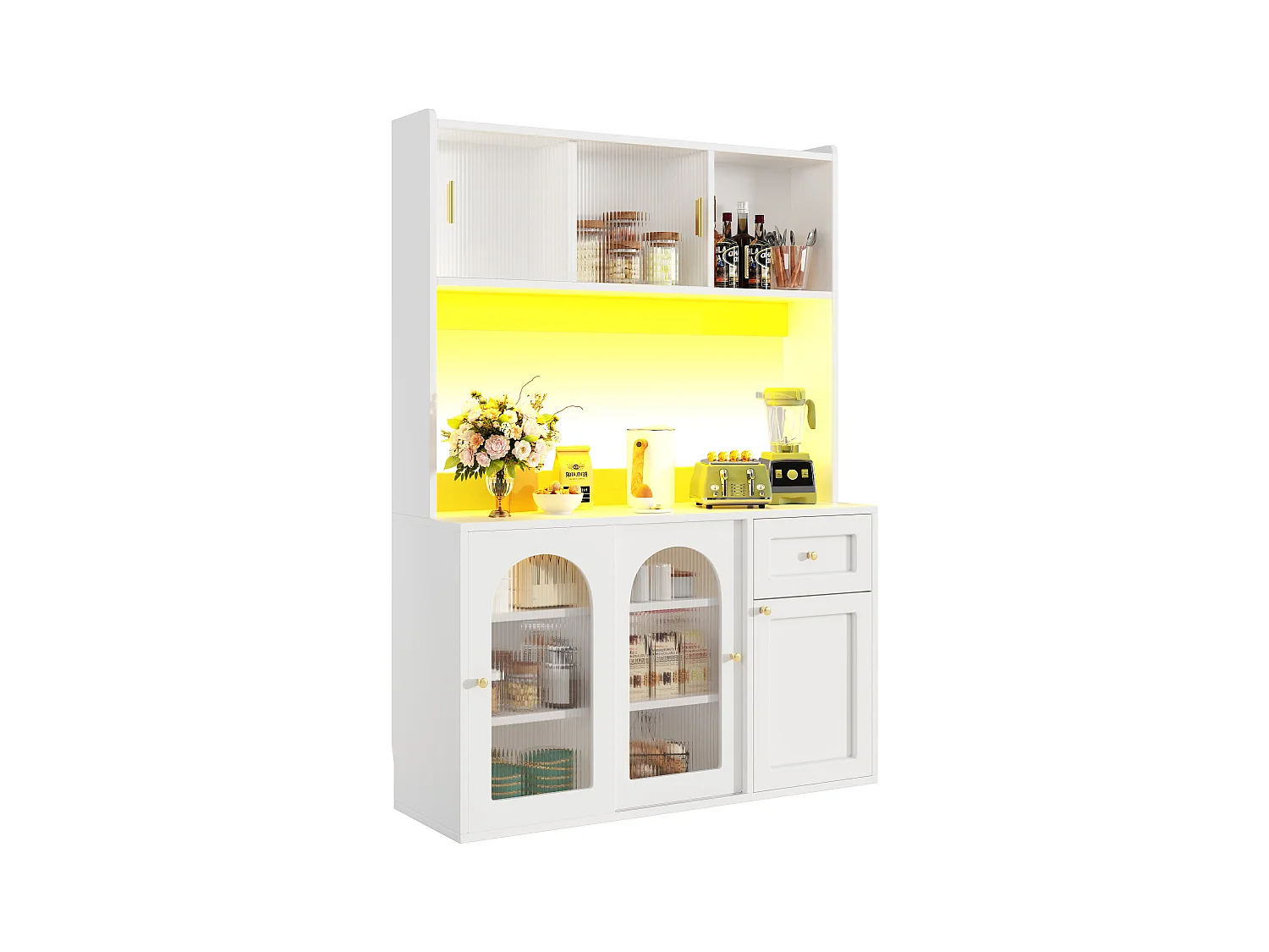 Buffet cuisine haut - 120 x 35 x 167 cm -  avec étagères réglables + 3 portes + 1 tiroirs + Leds -  MDF + PB - blanc