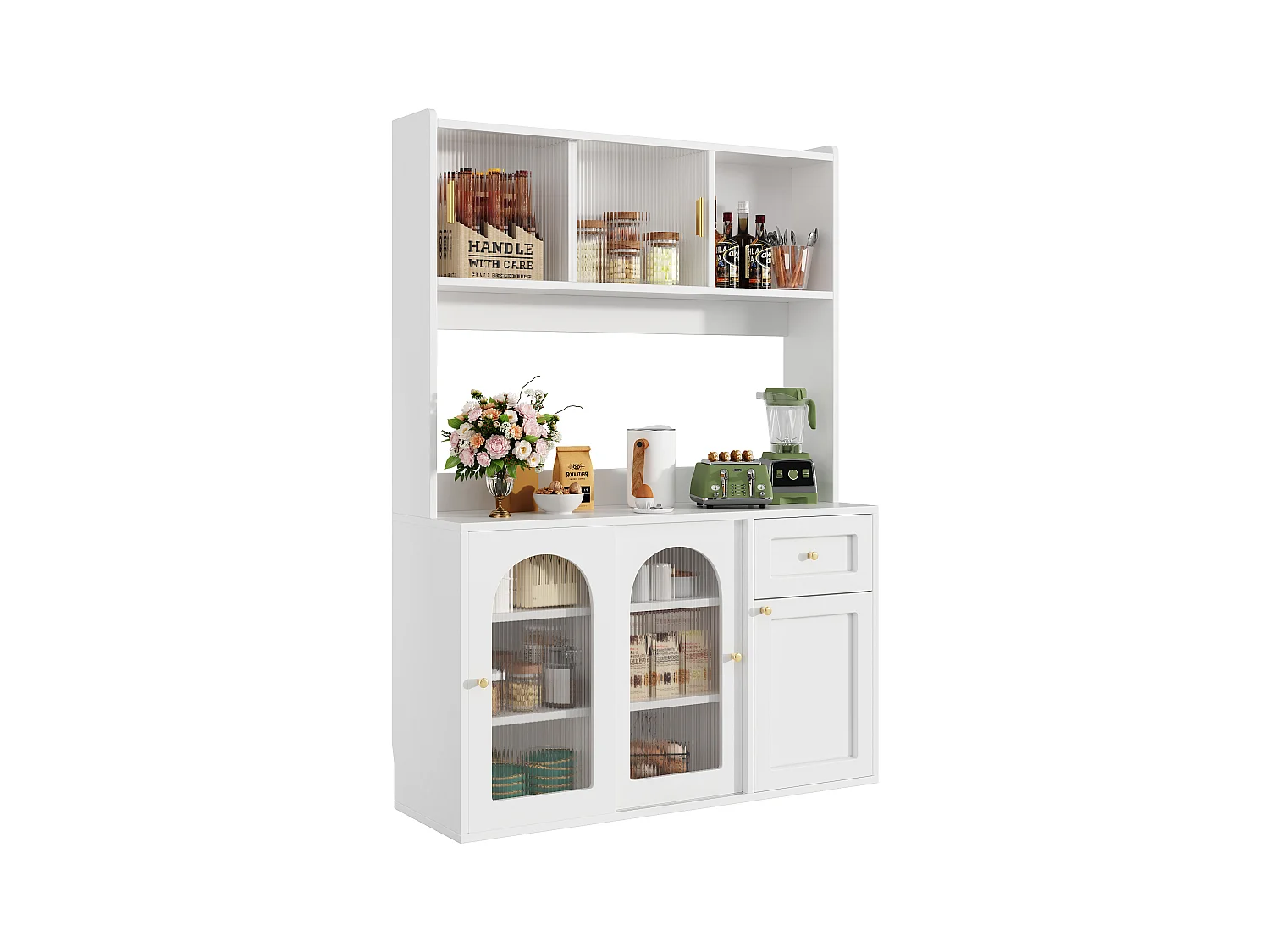 Buffet cuisine haut - 120 x 35 x 167 cm -  avec étagères réglables + 3 portes + 1 tiroirs + Leds -  MDF + PB - blanc