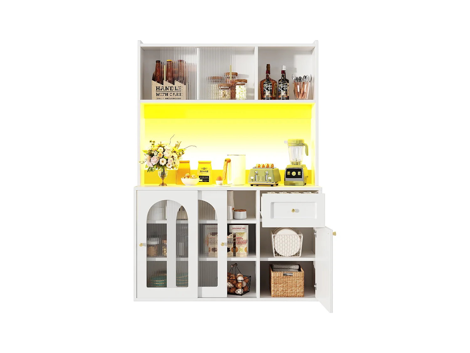 Buffet cuisine haut - 120 x 35 x 167 cm -  avec étagères réglables + 3 portes + 1 tiroirs + Leds -  MDF + PB - blanc