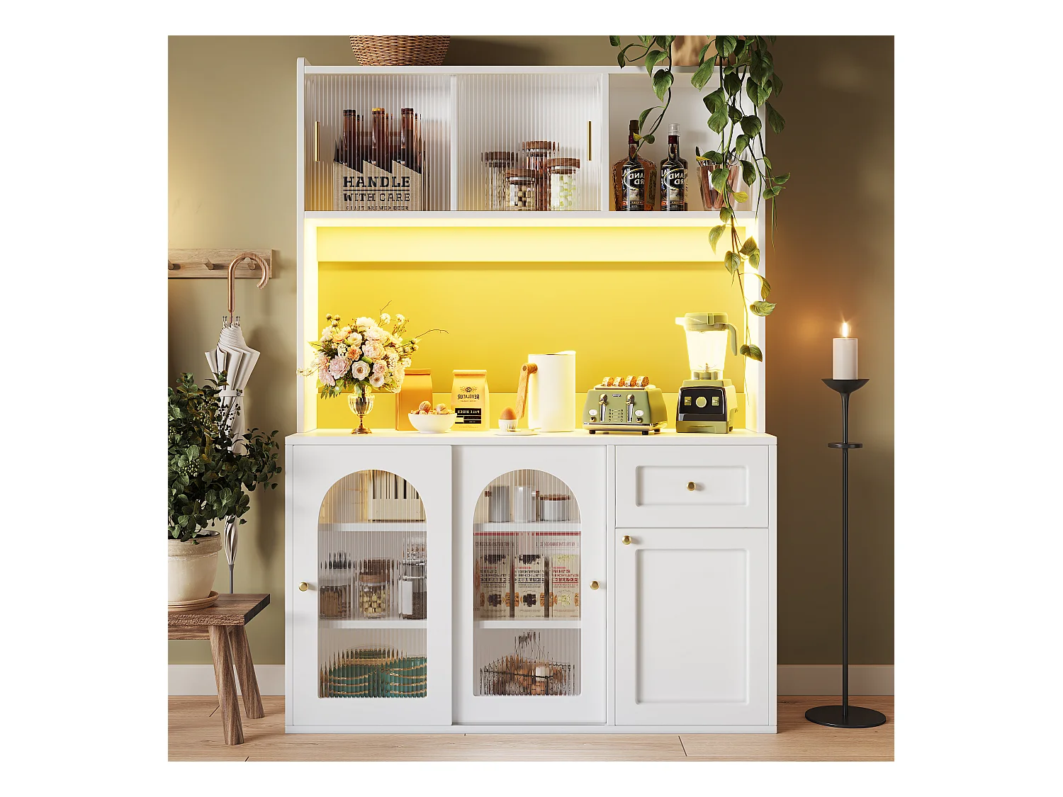 Buffet cuisine haut - 120 x 35 x 167 cm -  avec étagères réglables + 3 portes + 1 tiroirs + Leds -  MDF + PB - blanc