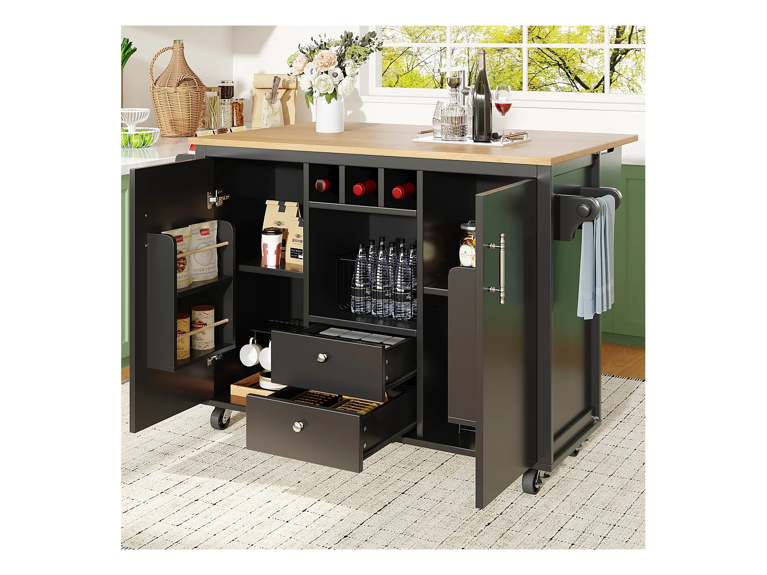 Îlot central à roulettes - 137.9 x 45/73 x 92 cm - plan rabattable + 2 tirois + casier à vin - MDF + Métal - noir