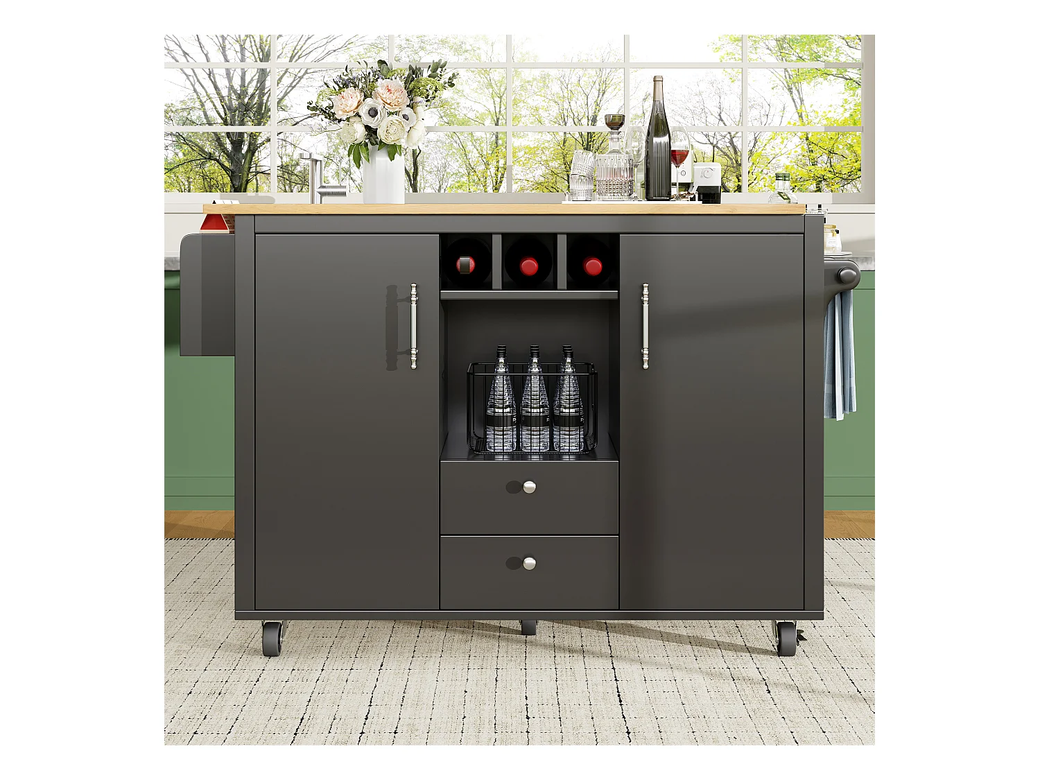Îlot central à roulettes - 137.9 x 45/73 x 92 cm - plan rabattable + 2 tirois + casier à vin - MDF + Métal - noir