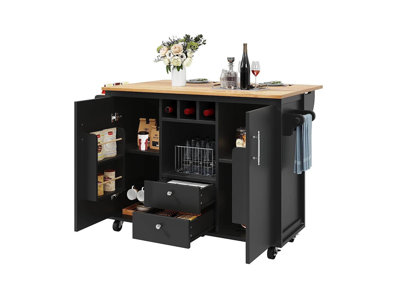 Îlot central à roulettes - 137.9 x 45/73 x 92 cm - plan rabattable + 2 tirois + casier à vin - MDF + Métal - noir