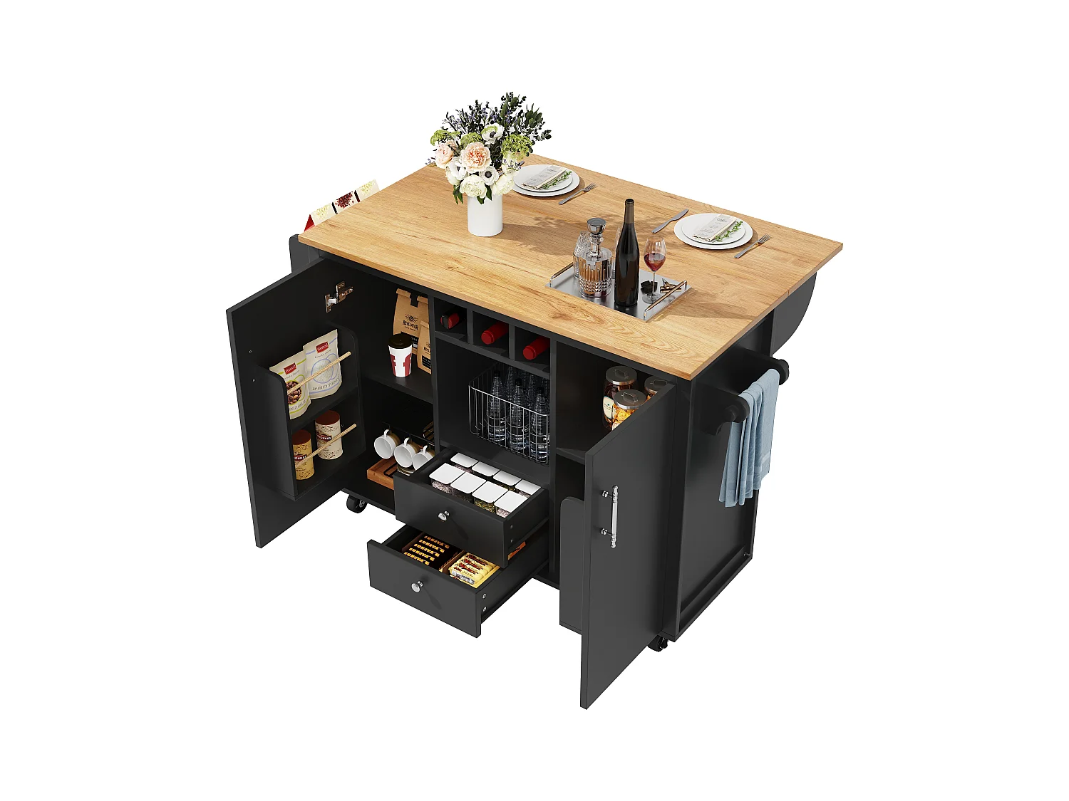 Îlot central à roulettes - 137.9 x 45/73 x 92 cm - plan rabattable + 2 tirois + casier à vin - MDF + Métal - noir