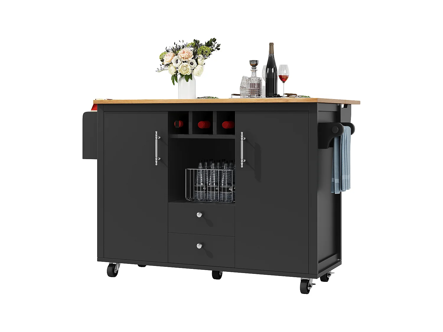 Îlot central à roulettes - 137.9 x 45/73 x 92 cm - plan rabattable + 2 tirois + casier à vin - MDF + Métal - noir