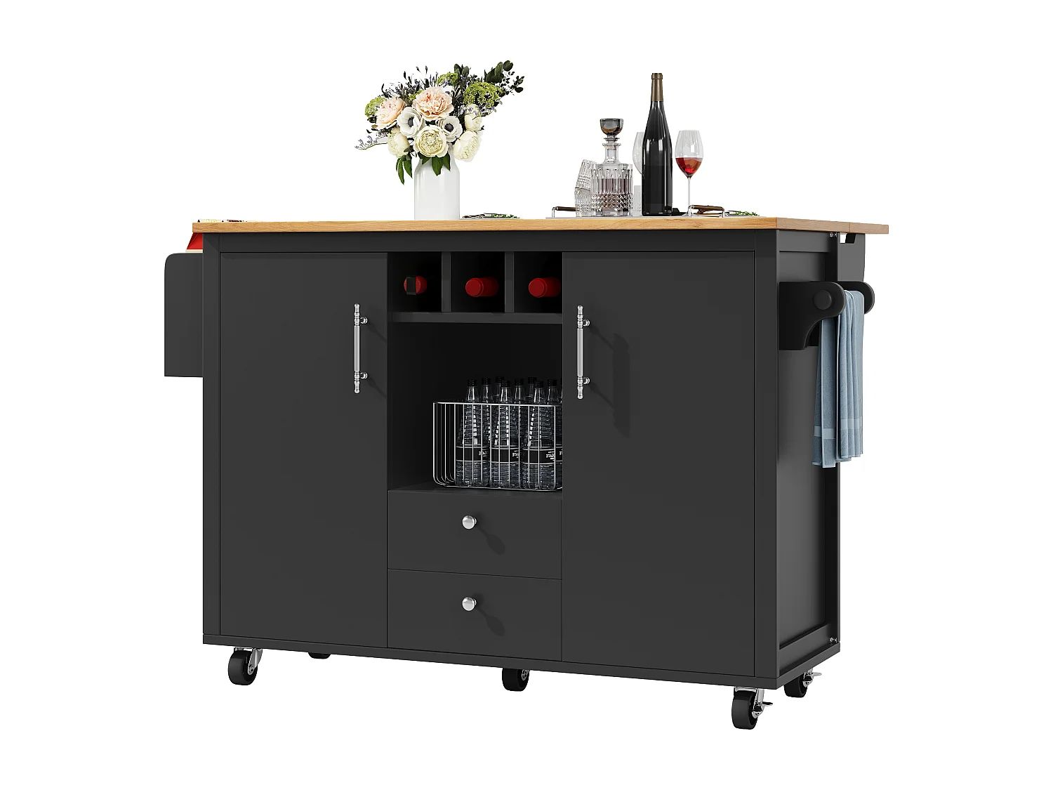 Mittelinsel auf Rädern - 137,9 x 45/73 x 92 cm - Klappdeckel + 2 Schubladen + Weinregal - MDF + Metall - Schwarz