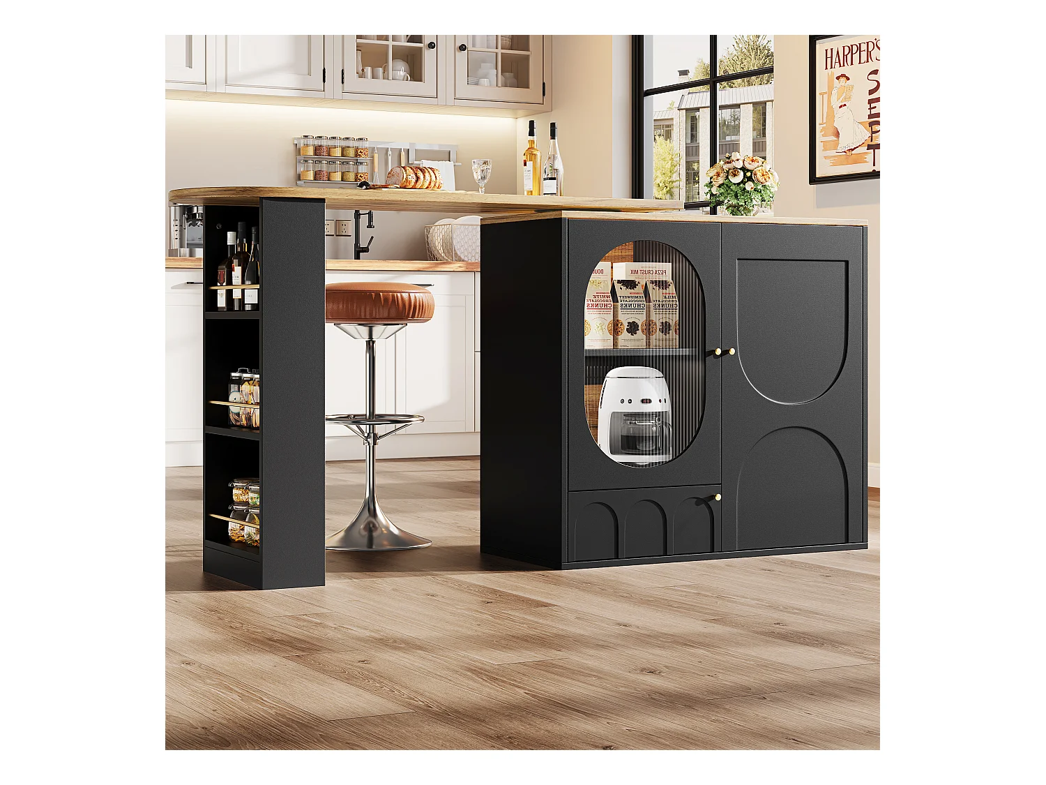 Meuble de bar rotative - 138 x 73 x 105 cm - 3 portes + séparateurs amovibles - MDF + Métal - noir