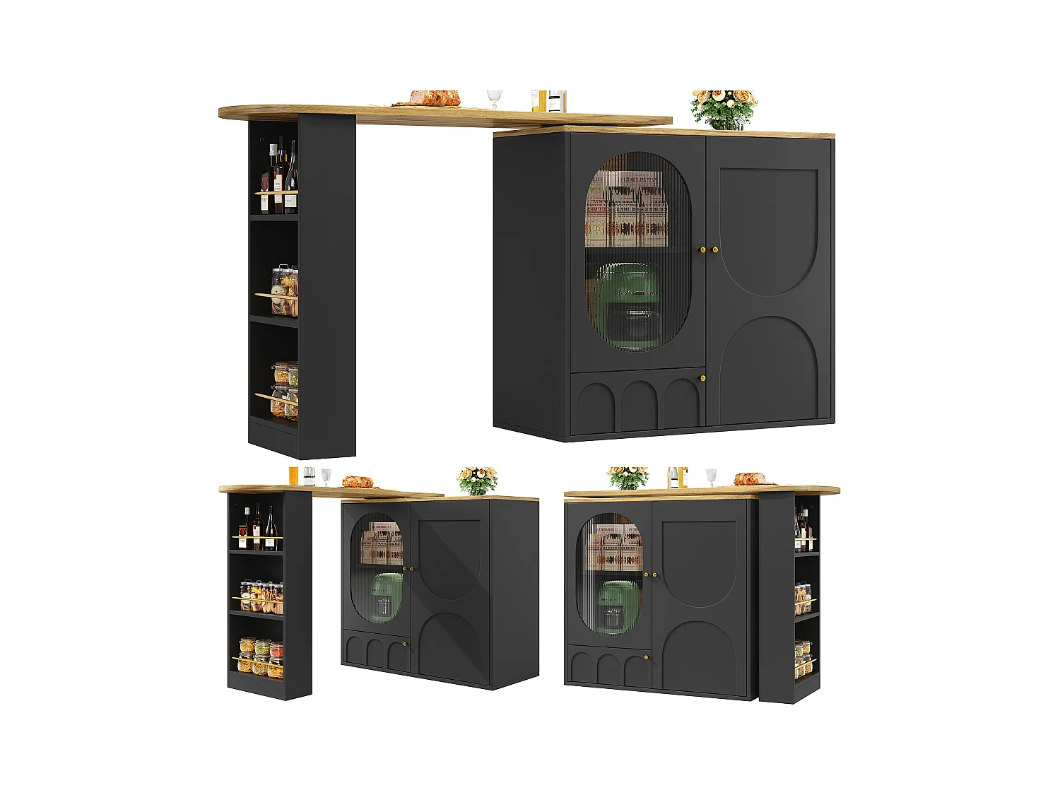 Meuble de bar rotative - 138 x 73 x 105 cm - 3 portes + séparateurs amovibles - MDF + Métal - noir