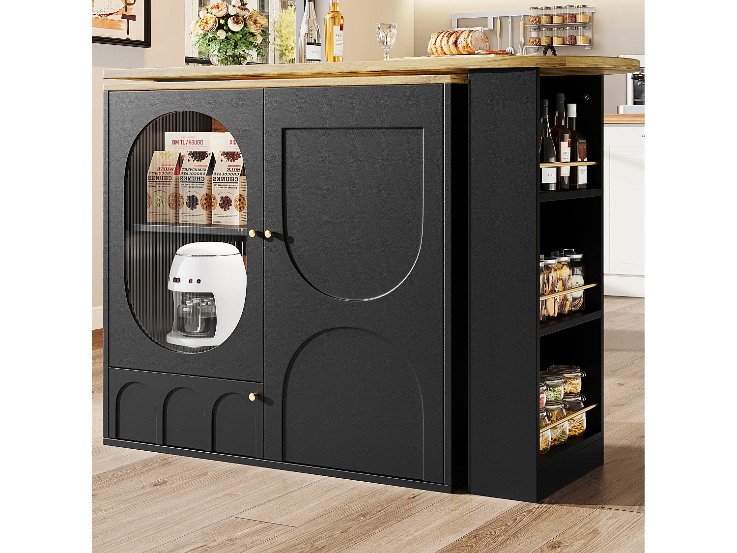 Meuble de bar rotative - 138 x 73 x 105 cm - 3 portes + séparateurs amovibles - MDF + Métal - noir