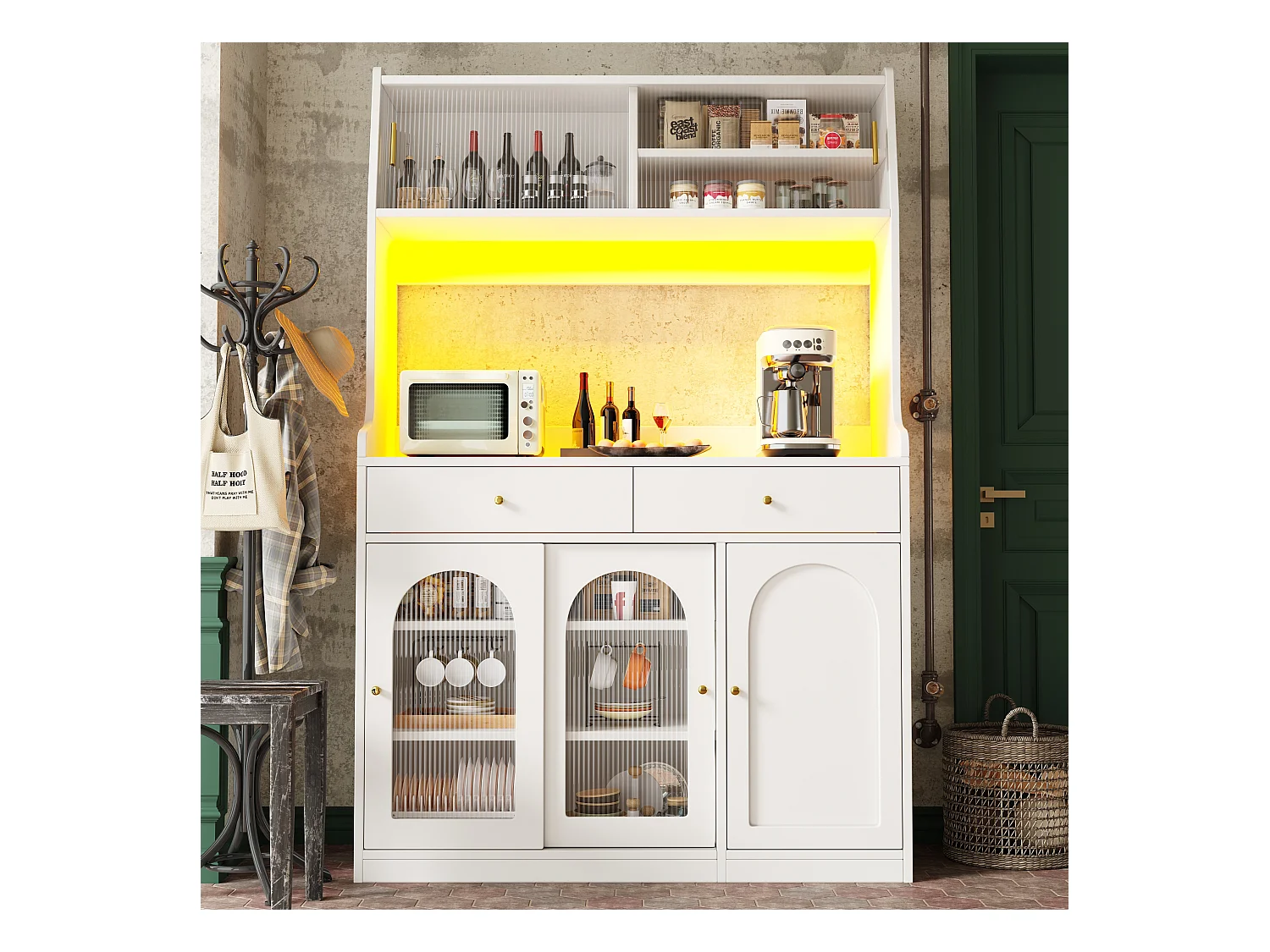 Buffet cuisine haut - 120 x 40 x 180 cm - avec étagères réglables + 2 tiroirs + 3 portes + Leds - MDF + PB - blanc