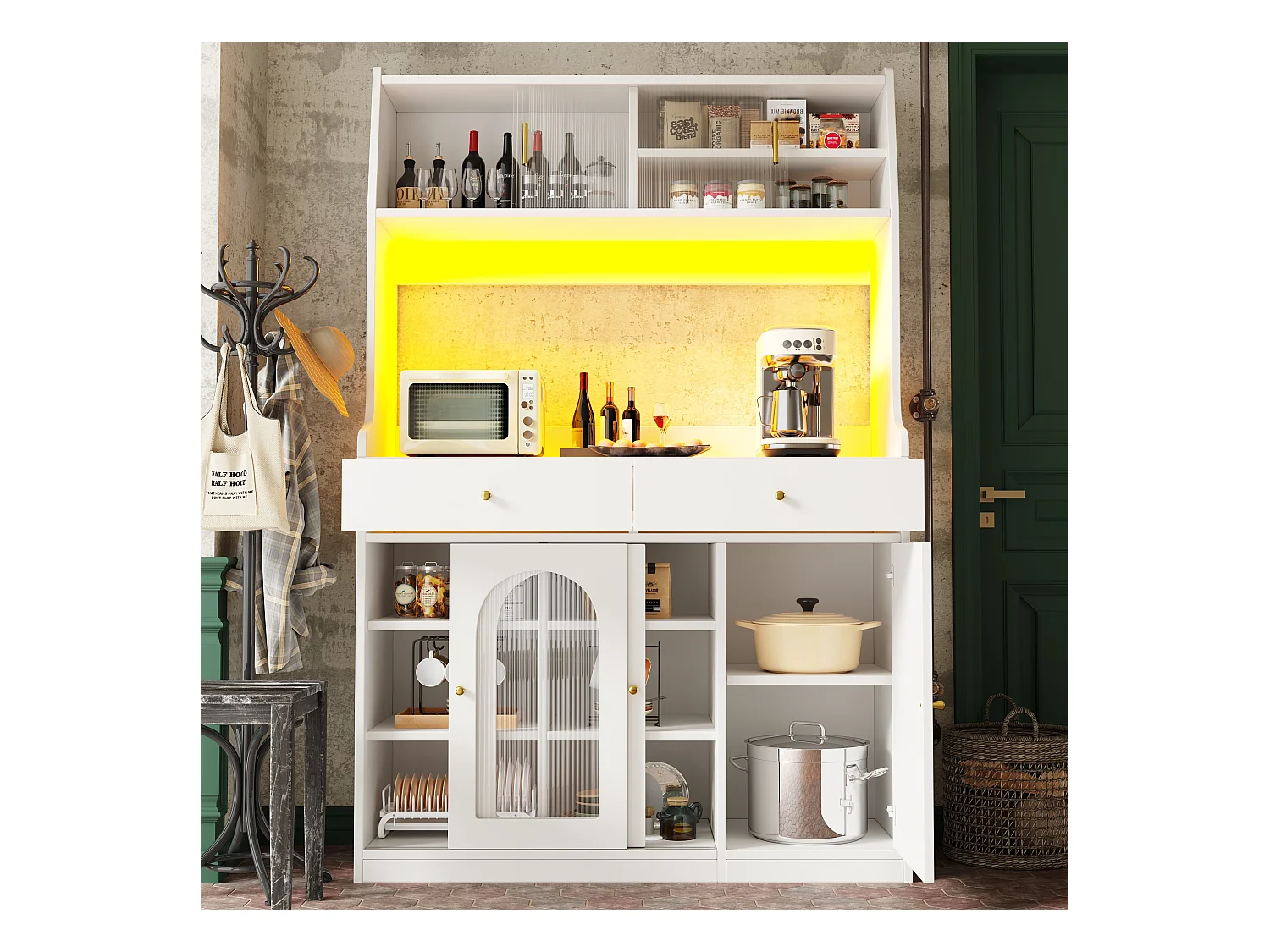 Buffet cuisine haut - 120 x 40 x 180 cm - avec étagères réglables + 2 tiroirs + 3 portes + Leds - MDF + PB - blanc