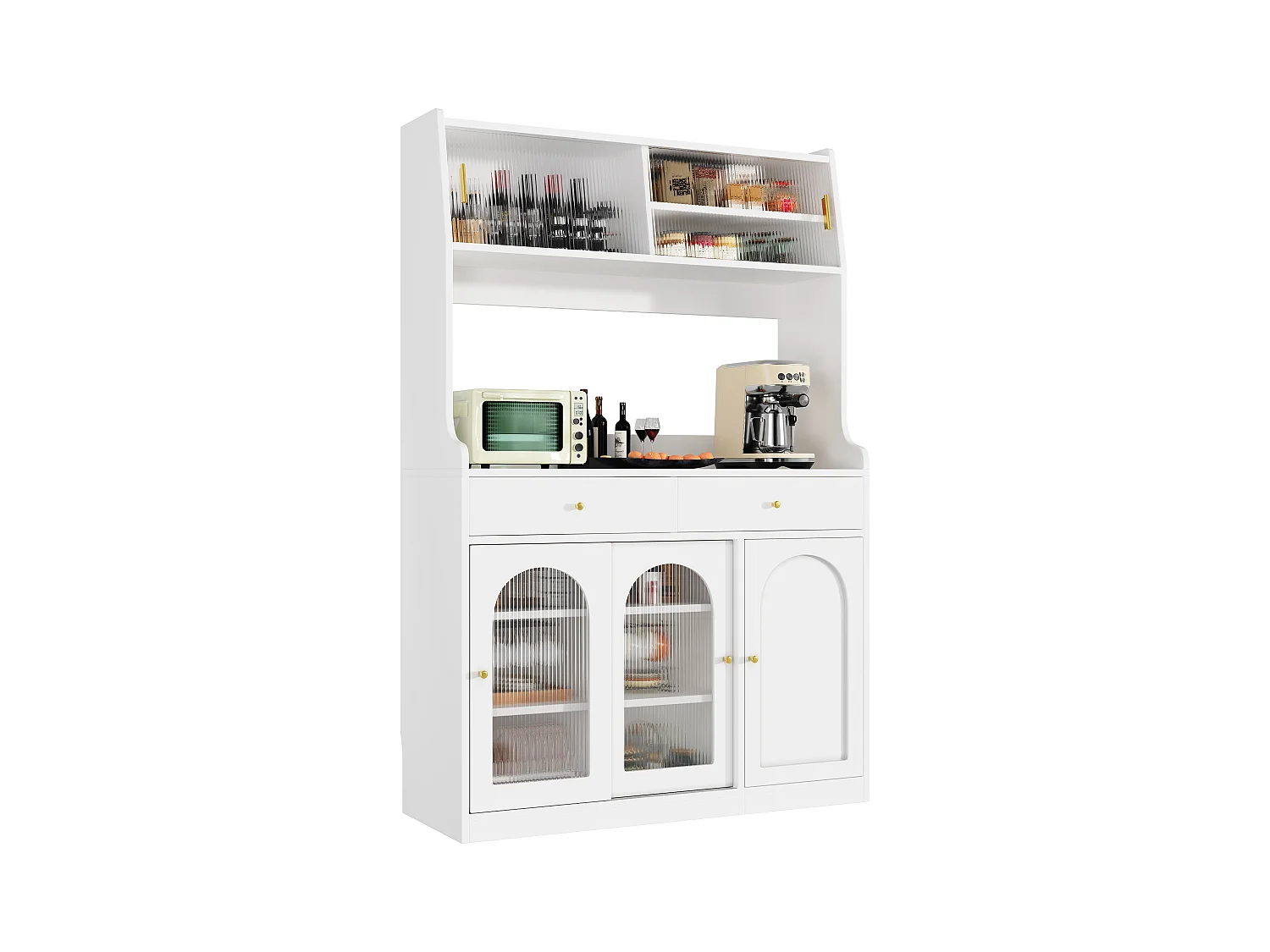 Buffet cuisine haut - 120 x 40 x 180 cm - avec étagères réglables + 2 tiroirs + 3 portes + Leds - MDF + PB - blanc