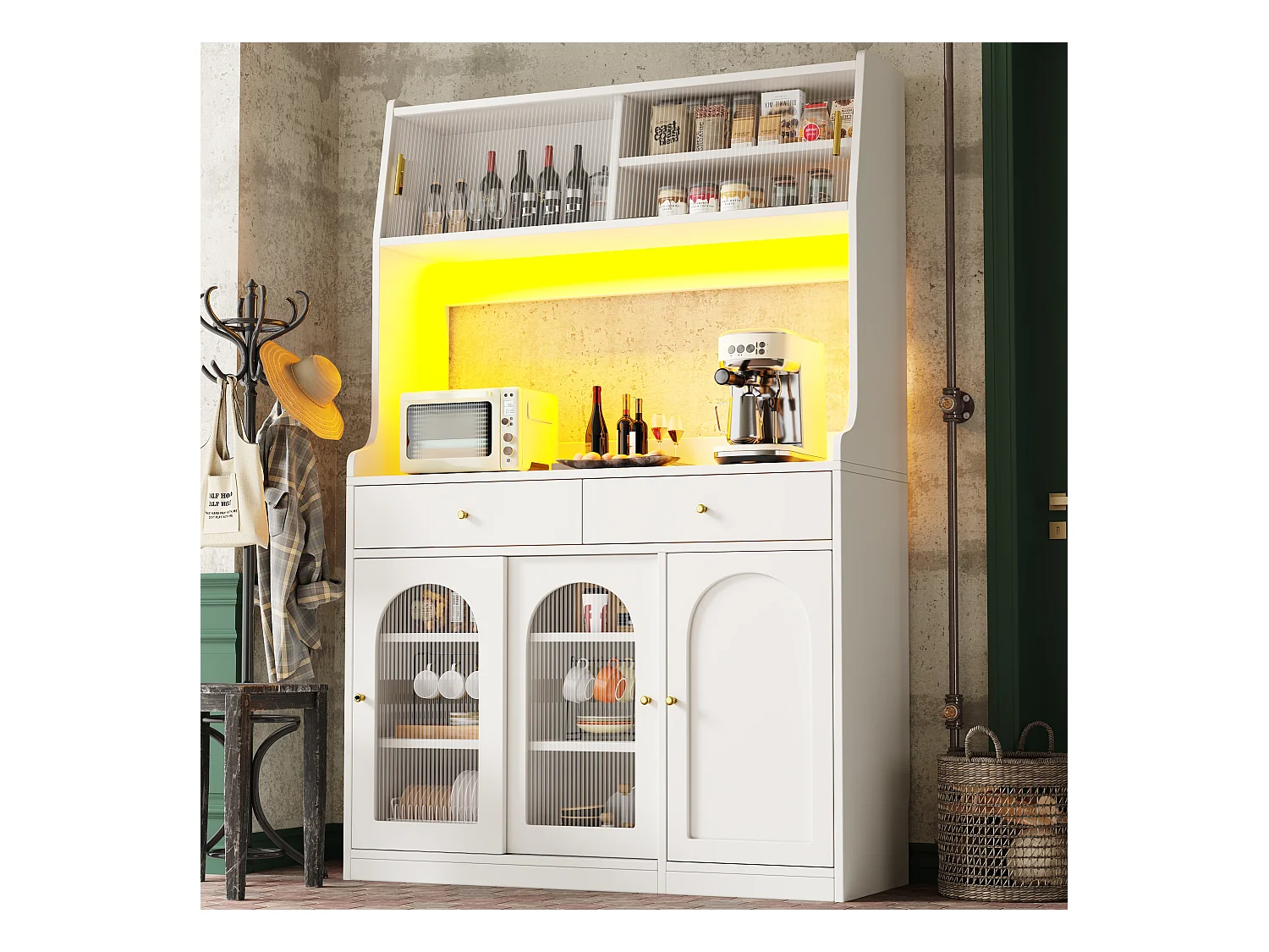 Hohes Küchen-Sideboard - 120 x 40 x 180 cm - mit verstellbaren Böden + 2 Schubladen + 3 Türen + LEDs - MDF + PB - weiß