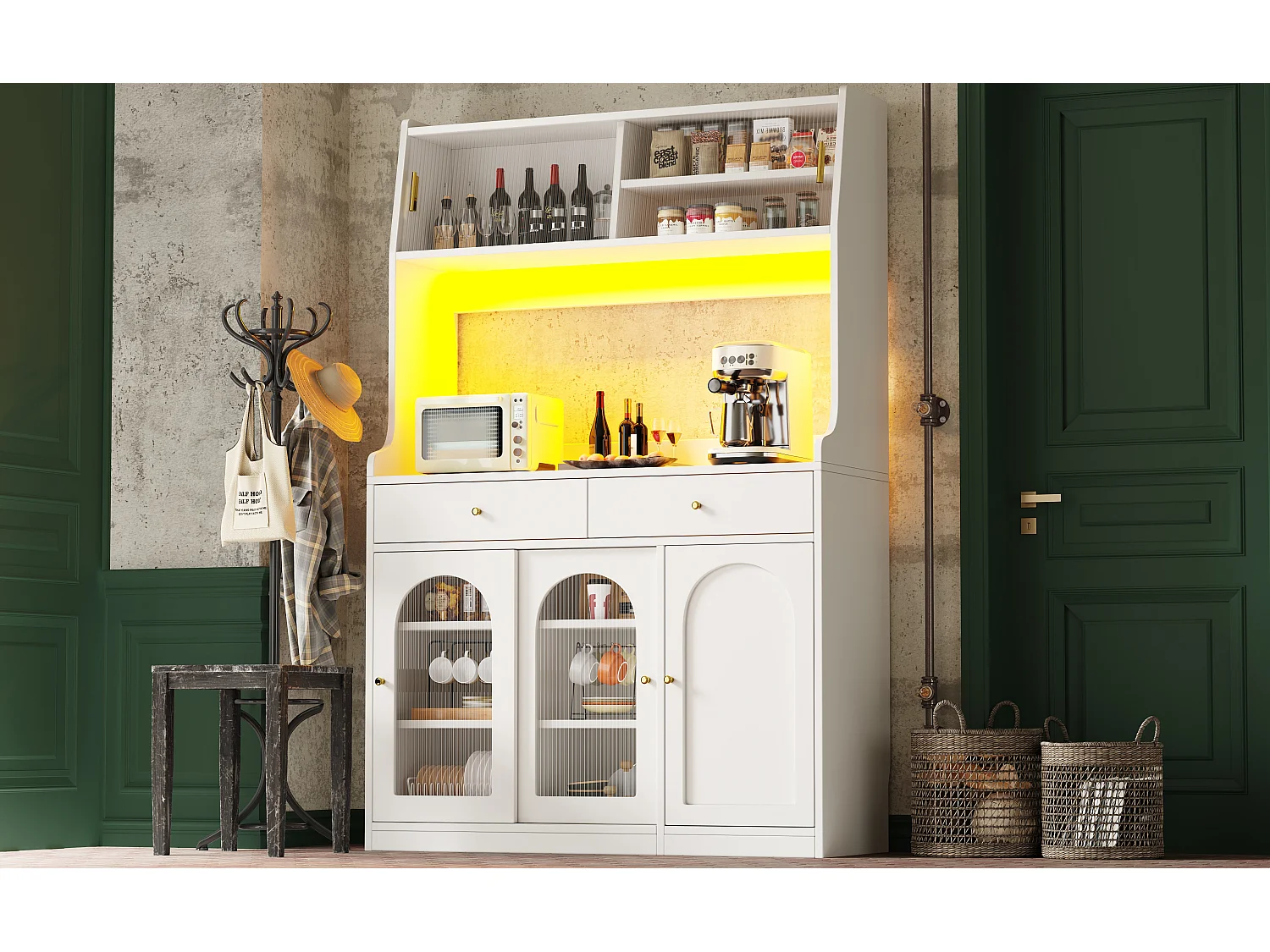Credenza alta da cucina - 120 x 40 x 180 cm - con ripiani regolabili + 2 cassetti + 3 ante + LED - MDF + PB - bianco