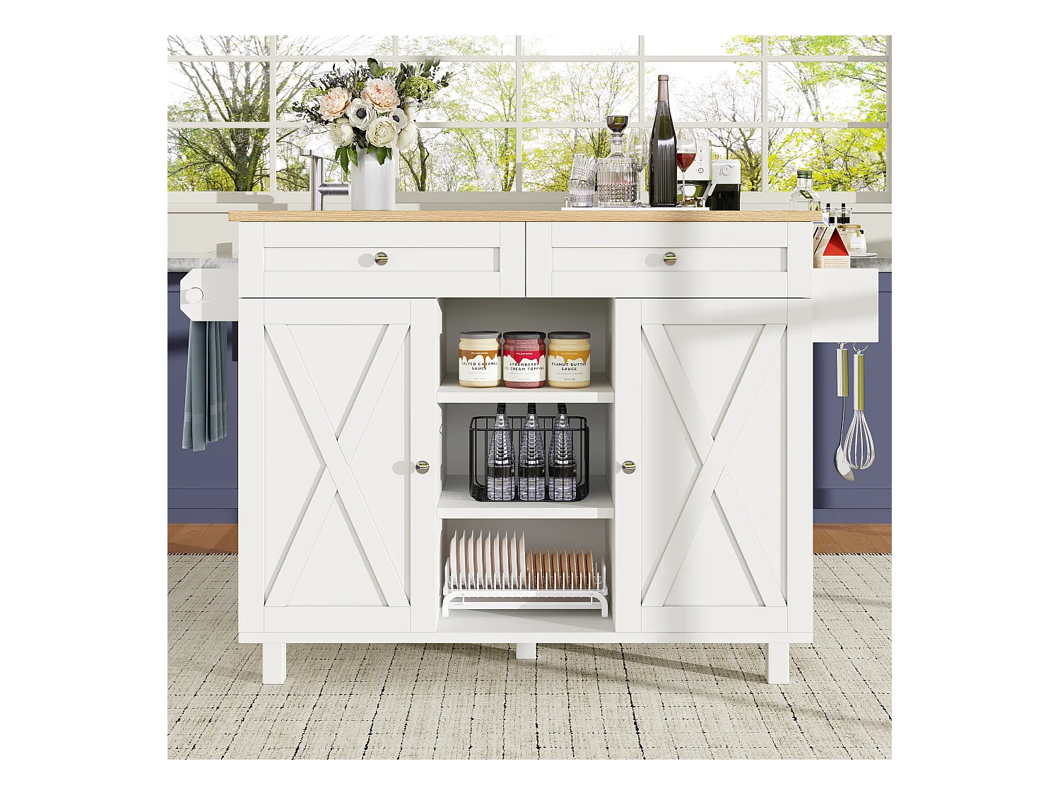 Îlot central moderne - 134 x 45.2/ 75 x 89 cm - avec roulettes + 2 portes + 2  tiroirs - MDF + Métal - blanc