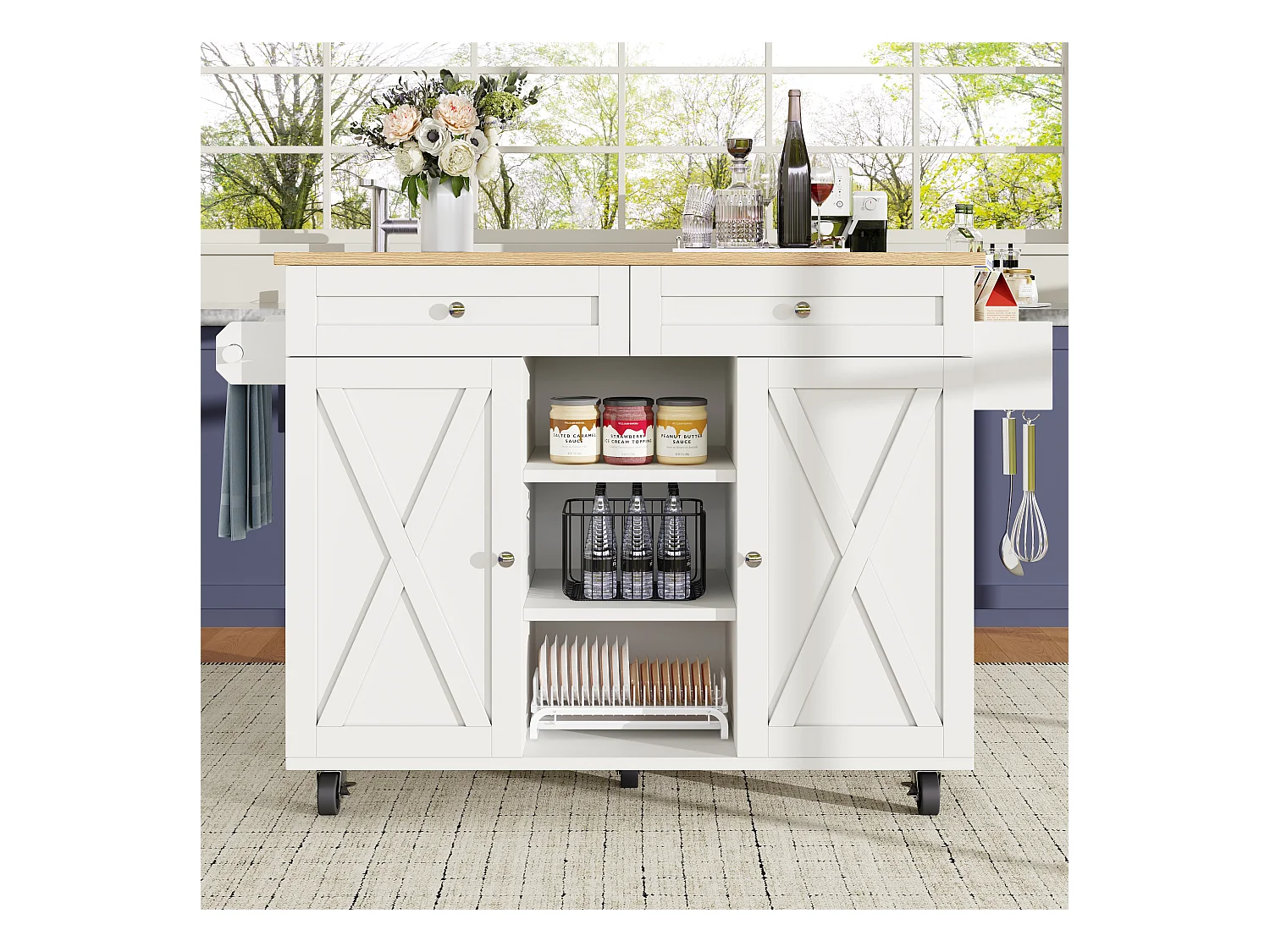 Îlot central moderne - 134 x 45.2/ 75 x 89 cm - avec roulettes + 2 portes + 2  tiroirs - MDF + Métal - blanc