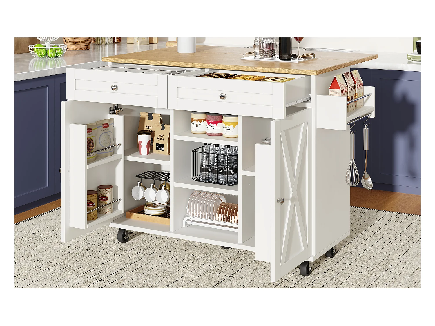 Îlot central moderne - 134 x 45.2/ 75 x 89 cm - avec roulettes + 2 portes + 2  tiroirs - MDF + Métal - blanc