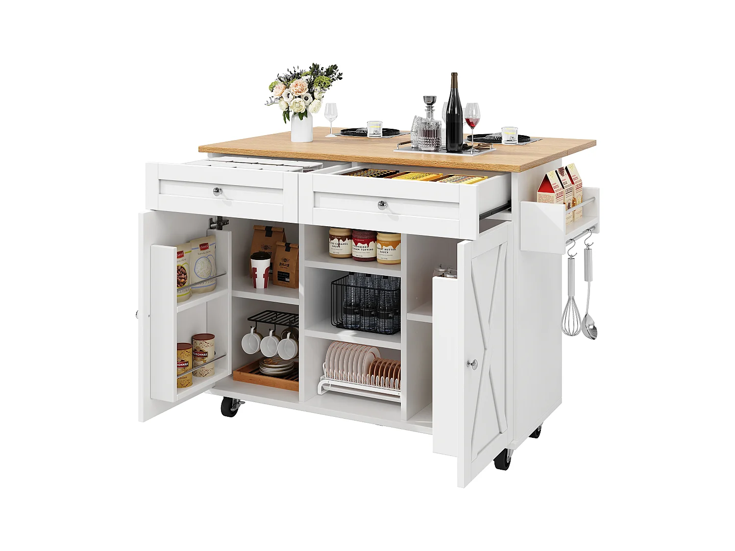 Îlot central moderne - 134 x 45.2/ 75 x 89 cm - avec roulettes + 2 portes + 2  tiroirs - MDF + Métal - blanc