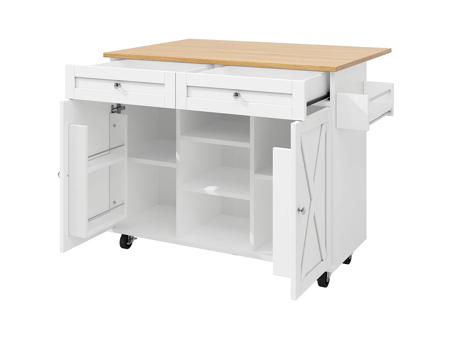 Îlot central moderne - 134 x 45.2/ 75 x 89 cm - avec roulettes + 2 portes + 2  tiroirs - MDF + Métal - blanc