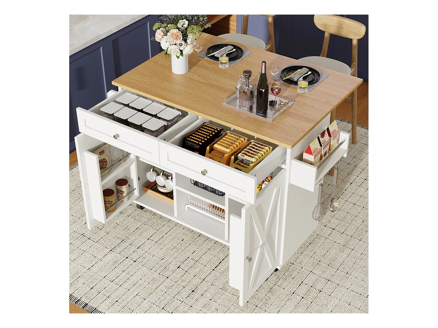 Îlot central moderne - 134 x 45.2/ 75 x 89 cm - avec roulettes + 2 portes + 2  tiroirs - MDF + Métal - blanc