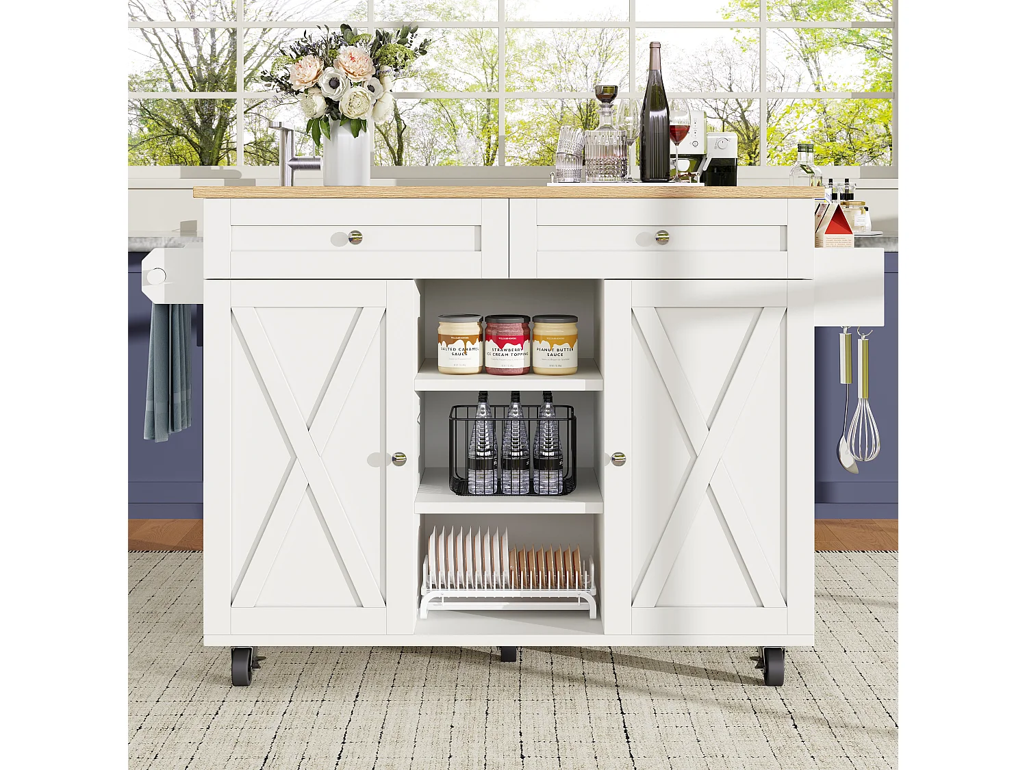 Moderne Kücheninsel – 134 x 45,2/75 x 89 cm – mit Rollen + 2 Türen + 2 Schubladen – MDF + Metall – weiß