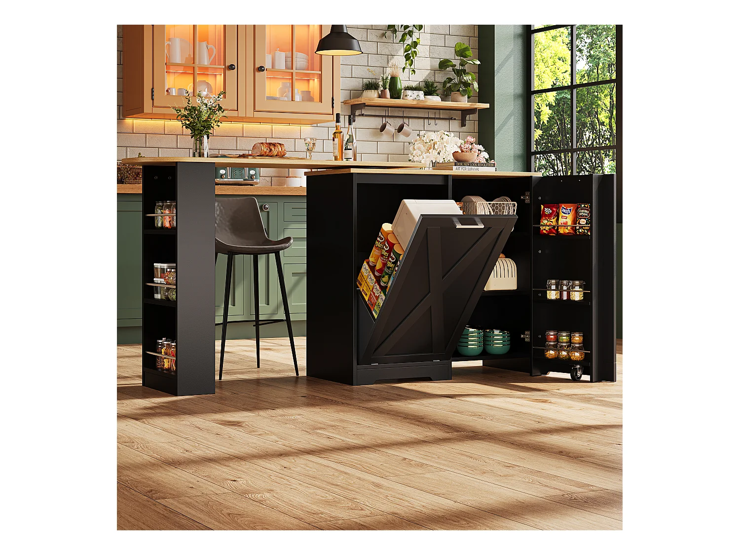 Meuble de bar rotative - 138 x 38 x 105.5 cm - avec porte à rabat + étagères latérales - MDF - noir