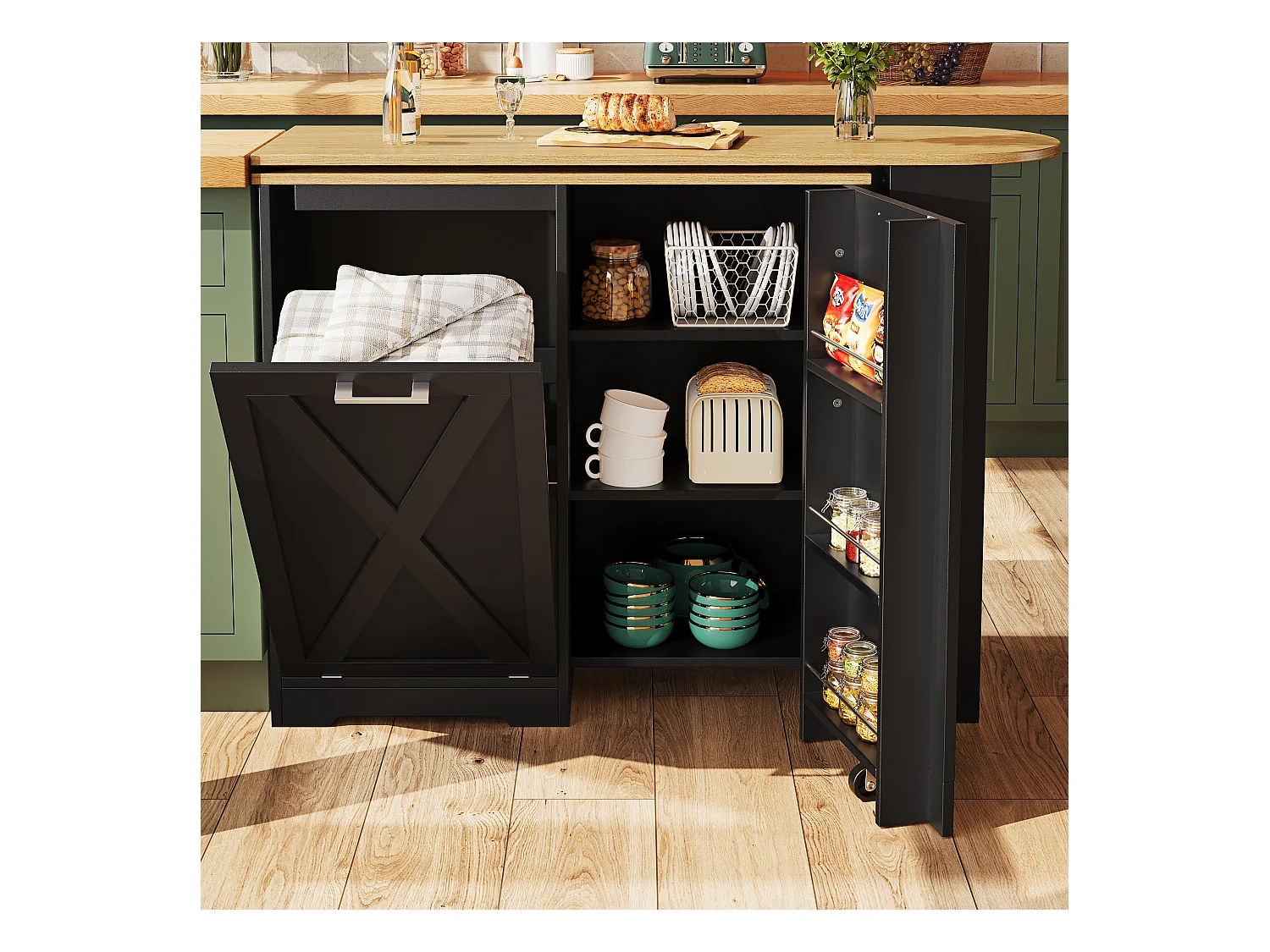 Meuble de bar rotative - 138 x 38 x 105.5 cm - avec porte à rabat + étagères latérales - MDF - noir