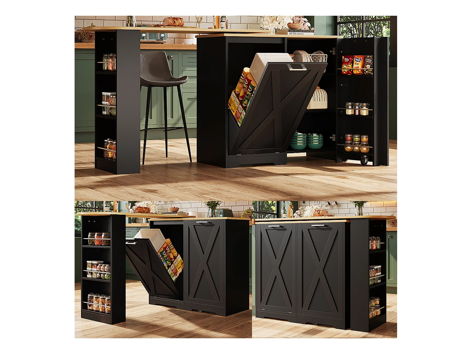 Meuble de bar rotative - 138 x 38 x 105.5 cm - avec porte à rabat + étagères latérales - MDF - noir