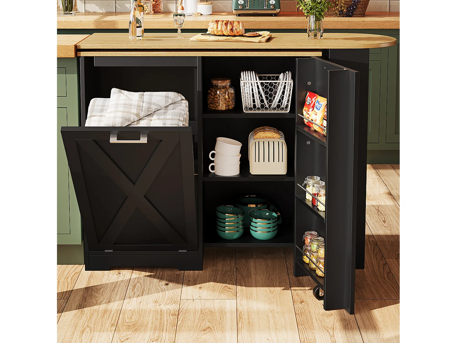 Meuble de bar rotative - 138 x 38 x 105.5 cm - avec porte à rabat + étagères latérales - MDF - noir