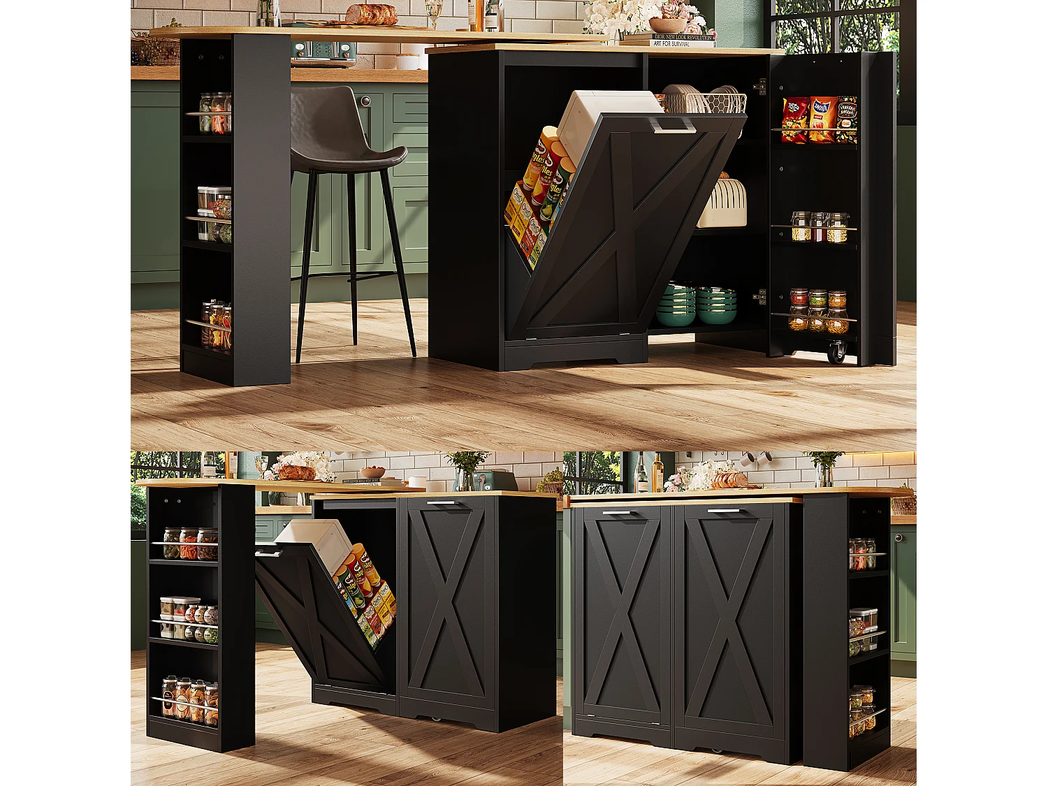 Meuble de bar rotative - 138 x 38 x 105.5 cm - avec porte à rabat + étagères latérales - MDF - noir