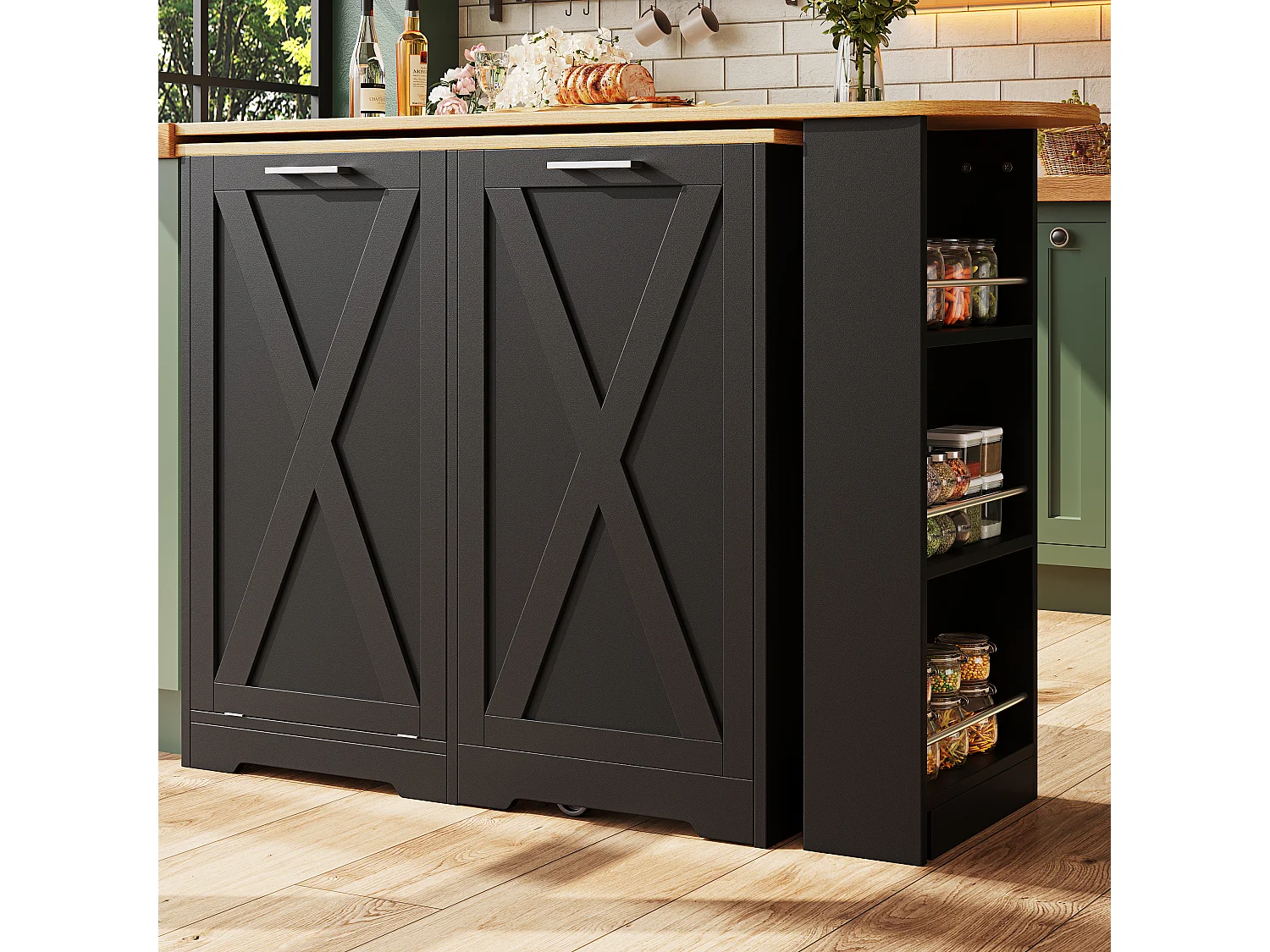 Meuble de bar rotative - 138 x 38 x 105.5 cm - avec porte à rabat + étagères latérales - MDF - noir