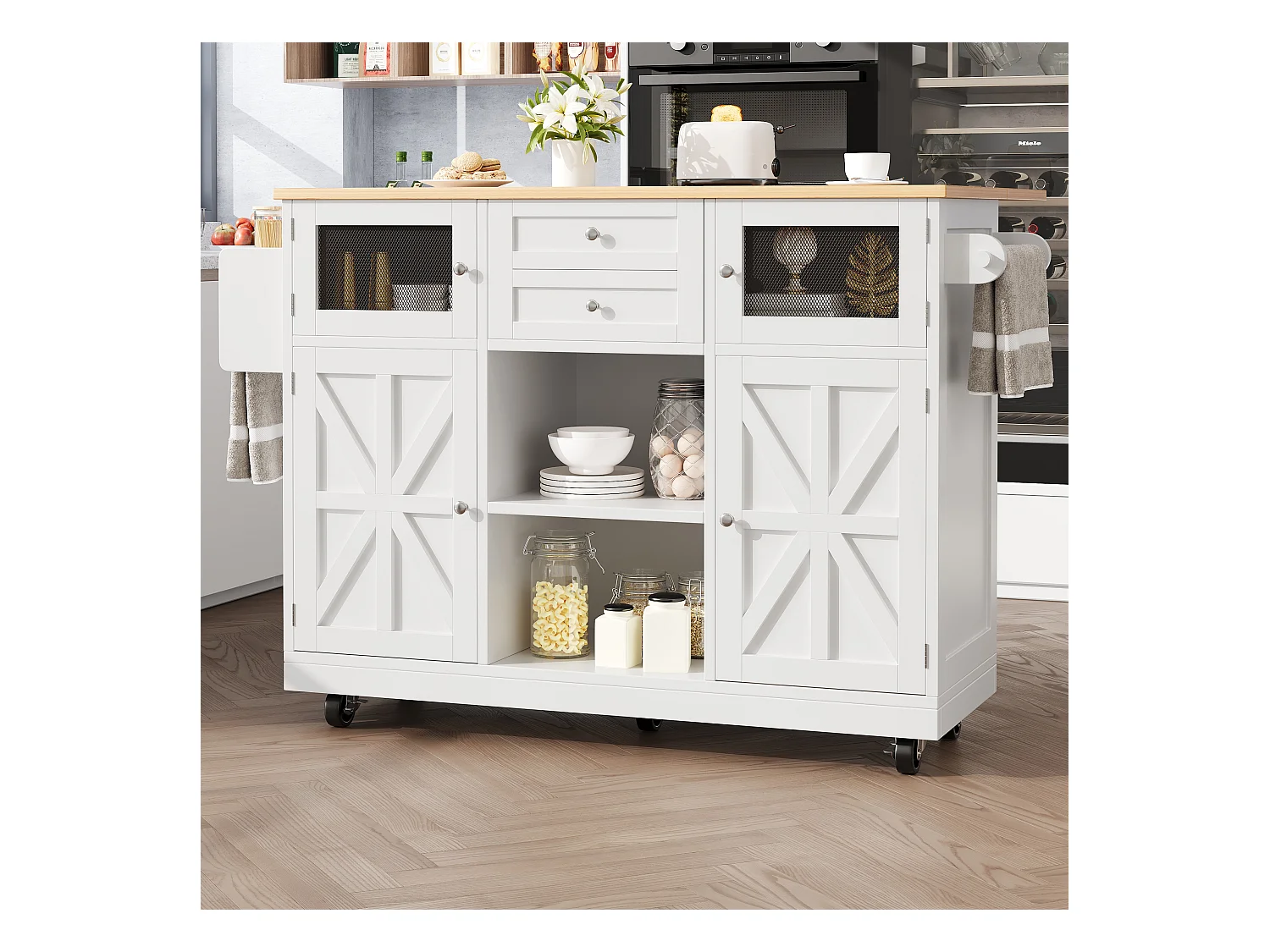 Îlot central à roulettes - 140 x 40 x 93.5 cm - avec plan de travail + 2 portes + 2 tiroirs -MDF - blanc