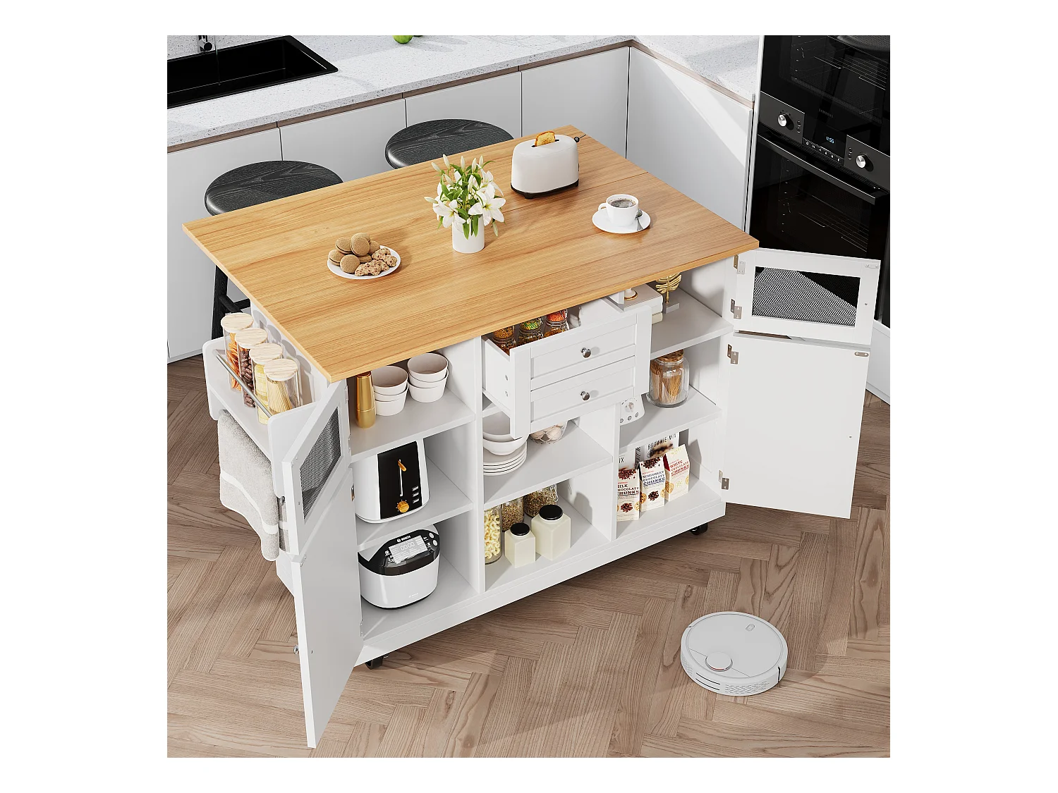 Îlot central à roulettes - 140 x 40 x 93.5 cm - avec plan de travail + 2 portes + 2 tiroirs -MDF - blanc