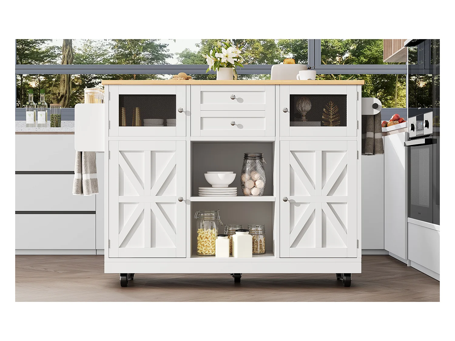 Îlot central à roulettes - 140 x 40 x 93.5 cm - avec plan de travail + 2 portes + 2 tiroirs -MDF - blanc