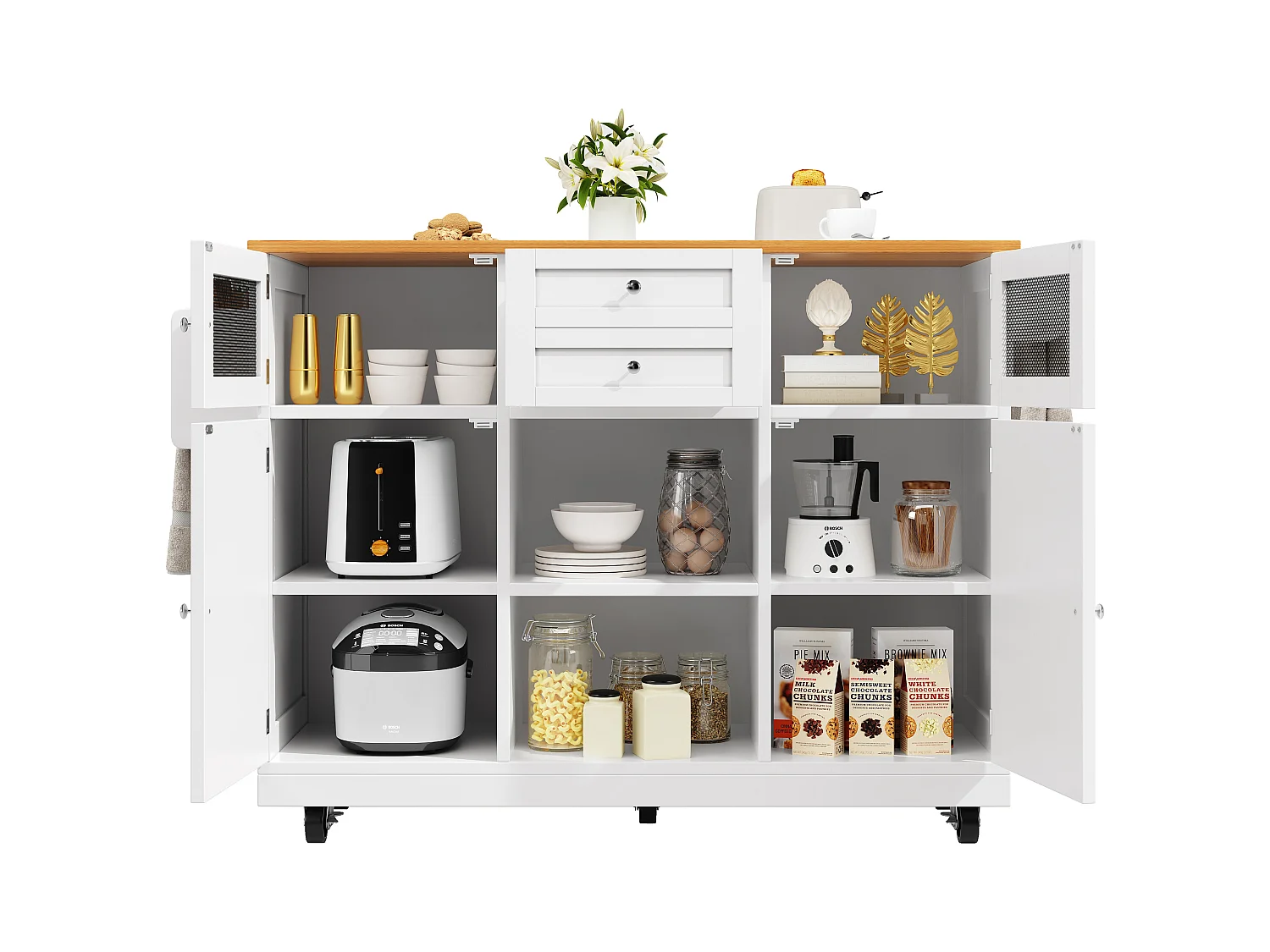 Îlot central à roulettes - 140 x 40 x 93.5 cm - avec plan de travail + 2 portes + 2 tiroirs -MDF - blanc