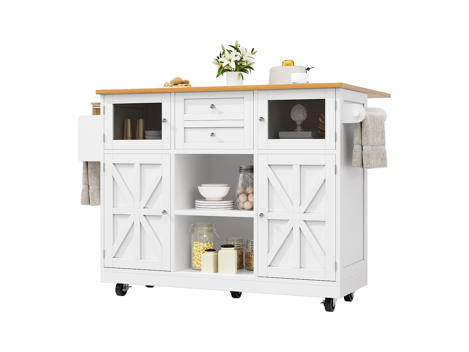 Îlot central à roulettes - 140 x 40 x 93.5 cm - avec plan de travail + 2 portes + 2 tiroirs -MDF - blanc